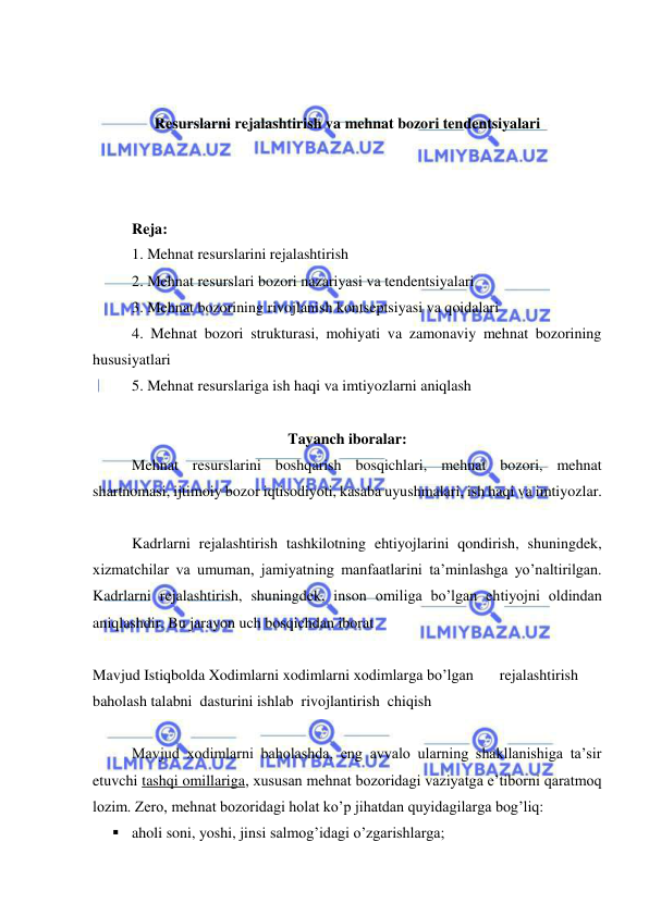  
 
 
 
Resurslarni rejalashtirish va mehnat bozori tendentsiyalari 
 
 
 
Reja: 
1. Mehnat resurslarini rejalashtirish 
2. Mehnat resurslari bozori nazariyasi va tendentsiyalari 
3. Mehnat bozorining rivojlanish kontseptsiyasi va qoidalari 
4. Mehnat bozori strukturasi, mohiyati va zamonaviy mehnat bozorining 
hususiyatlari  
5. Mehnat resurslariga ish haqi va imtiyozlarni aniqlash 
 
Tayanch iboralar: 
Mehnat resurslarini boshqarish bosqichlari, mehnat bozori, mehnat 
shartnomasi, ijtimoiy bozor iqtisodiyoti, kasaba uyushmalari, ish haqi va imtiyozlar. 
 
Kadrlarni rejalashtirish tashkilotning ehtiyojlarini qondirish, shuningdek, 
xizmatchilar va umuman, jamiyatning manfaatlarini ta’minlashga yo’naltirilgan. 
Kadrlarni rejalashtirish, shuningdek, inson omiliga bo’lgan ehtiyojni oldindan 
aniqlashdir. Bu jarayon uch bosqichdan iborat  
 
Mavjud Istiqbolda Xodimlarni xodimlarni xodimlarga bo’lgan 
rejalashtirish 
baholash talabni  dasturini ishlab  rivojlantirish  chiqish 
   
Mavjud xodimlarni baholashda, eng avvalo ularning shakllanishiga ta’sir 
etuvchi tashqi omillariga, xususan mehnat bozoridagi vaziyatga e’tiborni qaratmoq 
lozim. Zero, mehnat bozoridagi holat ko’p jihatdan quyidagilarga bog’liq: 
 aholi soni, yoshi, jinsi salmog’idagi o’zgarishlarga; 
