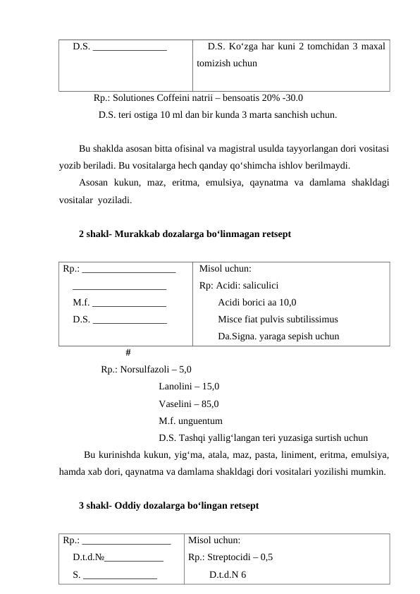     D.S. _______________
   D.S. Ko‘zga har kuni 2 tomchidan 3 maxal
tomizish uchun 
              Rp.: Solutiones Coffeini natrii – bensoatis 20% -30.0
                D.S. teri ostiga 10 ml dan bir kunda 3 marta sanchish uchun.
Bu shaklda asosan bitta ofisinal va magistral usulda tayyorlangan dori vositasi
yozib beriladi. Bu vositalarga hech qanday qo‘shimcha ishlov berilmaydi.
Asosan  kukun,  maz,  eritma,  emulsiya,  qaynatma  va  damlama  shakldagi
vositalar  yoziladi. 
2 shakl- Murakkab dozalarga bo‘linmagan retsept
 
Rp.: ___________________
    ___________________
    M.f. _______________ 
    D.S. _______________
 Misol uchun:
 Rp: Acidi: saliculici
Acidi borici aa 10,0 
Misce fiat pulvis subtilissimus 
Da.Signa. yaraga sepish uchun
                   #
                 Rp.: Norsulfazoli – 5,0
Lanolini – 15,0
Vaselini – 85,0
M.f. unguentum
D.S. Tashqi yallig‘langan teri yuzasiga surtish uchun
Bu kurinishda kukun, yig‘ma, atala, maz, pasta, liniment, eritma, emulsiya,
hamda xab dori, qaynatma va damlama shakldagi dori vositalari yozilishi mumkin.
3 shakl- Oddiy dozalarga bo‘lingan retsept
Rp.: __________________
    D.t.d.№____________
    S. _______________
Misol uchun:
Rp.: Streptocidi – 0,5
D.t.d.N 6
