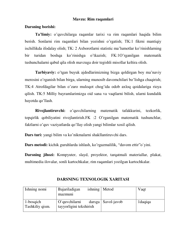 Mavzu: Rim raqamlari 
Darsning borishi: 
Ta’limiy: o’quvchilarga raqamlar tarixi va rim raqamlari haqida bilim 
berish. Sonlarni rim raqamlari bilan yozishni o’rgatish; TK:1 fikrni mantiqiy 
ischillikda ifodalay olish; TK: 2 Axborotlarni statistic ma’lumotlar ko’rinishlarning 
bir 
turidan 
boshqa 
ko’rinishga 
o’tkazish; 
FK:1O’rganilgan 
matematik 
tushunchalarni qabul qila olish mavzuga doir tegishli misollar keltira olish. 
Tarbiyaviy: o’tgan buyuk ajdodlarimizning bizga qoldirgan boy ma’naviy 
merosini o’rganish bilan birga, ularning munosib davomchilari bo’lishga chaqirish; 
TK:4 Atrofdagilar bilan o’zaro muloqot chog’ida odob axloq qoidalariga rioya 
qilish. TK:5 Milliy bayramlarimizga oid sana va vaqtlarni bilish, ularni kundalik 
hayotda qo’llash. 
Rivojlantiruvchi: 
o’quvchilarning 
matematik 
tafakkurini, 
tezkorlik, 
topqirlik qobiliyatini rivojlantirish.FK :2 O’rganilgan matematik tushunchlar, 
faktlarni o’quv vaziyatlarda qo’llay olish yangi bilimlar xosil qilish.   
Dars turi: yangi bilim va ko’nikmalarni shakllantiruvchi dars. 
Dars metodi: kichik guruhlarda ishlash, ko’rgazmalilik, “davom ettir”o`yini. 
Darsning jihozi: Kompyuter, slayd, proyektor, tarqatmali materiallar, plakat, 
multimedia ilovalar, sonli kartochkalar, rim raqamlari yozilgan kartochkalar. 
 
DARSNING TEXNOLOGIK XARITASI 
Ishning nomi 
Bajariladigan 
ishning 
mazmuni 
Metod 
Vaqt 
1-bosqich 
Tashkiliy qism. 
O`quvchilarni 
darsga 
tayyorligini tekshirish 
Savol-javob 
1daqiqa 
