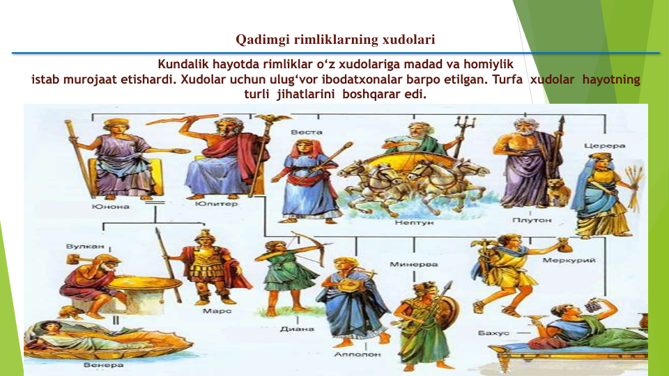 Qadimgi rimliklarning xudolari
Kundalik hayotda rimliklar o‘z xudolariga madad va homiylik
istab murojaat etishardi. Xudolar uchun ulug‘vor ibodatxonalar barpo etilgan. Turfa xudolar hayotning
turli jihatlarini boshqarar edi.
