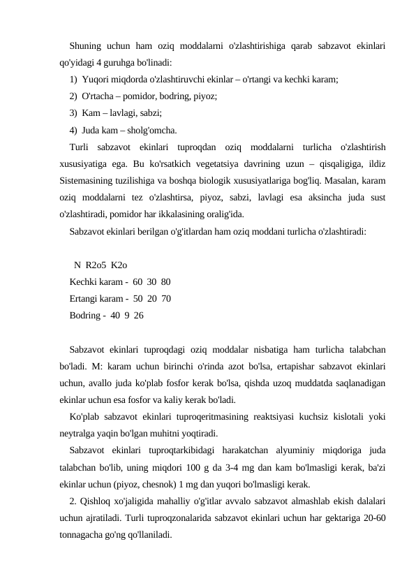 Shuning  uchun  ham  oziq  moddalarni  o'zlashtirishiga  qarab  sabzavot  ekinlari
qo'yidagi 4 guruhga bo'linadi:
1)  Yuqori miqdorda o'zlashtiruvchi ekinlar – o'rtangi va kechki karam;
2)  O'rtacha – pomidor, bodring, piyoz;
3)  Kam – lavlagi, sabzi;
4)  Juda kam – sholg'omcha.
Turli  sabzavot  ekinlari  tuproqdan  oziq  moddalarni  turlicha  o'zlashtirish
xususiyatiga ega. Bu ko'rsatkich vegetatsiya  davrining uzun – qisqaligiga, ildiz
Sistemasining tuzilishiga va boshqa biologik xususiyatlariga bog'liq. Masalan, karam
oziq  moddalarni  tez  o'zlashtirsa,  piyoz,  sabzi,  lavlagi  esa  aksincha  juda  sust
o'zlashtiradi, pomidor har ikkalasining oralig'ida.
Sabzavot ekinlari berilgan o'g'itlardan ham oziq moddani turlicha o'zlashtiradi:
  N  R2o5  K2o
Kechki karam -  60  30  80
Ertangi karam -  50  20  70
Bodring -  40  9  26
Sabzavot  ekinlari  tuproqdagi  oziq  moddalar  nisbatiga  ham  turlicha  talabchan
bo'ladi. M: karam uchun birinchi o'rinda azot bo'lsa, ertapishar sabzavot ekinlari
uchun, avallo juda ko'plab fosfor kerak bo'lsa, qishda uzoq muddatda saqlanadigan
ekinlar uchun esa fosfor va kaliy kerak bo'ladi.
Ko'plab sabzavot ekinlari tuproqeritmasining reaktsiyasi kuchsiz kislotali yoki
neytralga yaqin bo'lgan muhitni yoqtiradi.
Sabzavot  ekinlari  tuproqtarkibidagi  harakatchan  alyuminiy  miqdoriga  juda
talabchan bo'lib, uning miqdori 100 g da 3-4 mg dan kam bo'lmasligi kerak, ba'zi
ekinlar uchun (piyoz, chesnok) 1 mg dan yuqori bo'lmasligi kerak.
2. Qishloq xo'jaligida mahalliy o'g'itlar avvalo sabzavot almashlab ekish dalalari
uchun ajratiladi. Turli tuproqzonalarida sabzavot ekinlari uchun har gektariga 20-60
tonnagacha go'ng qo'llaniladi.
