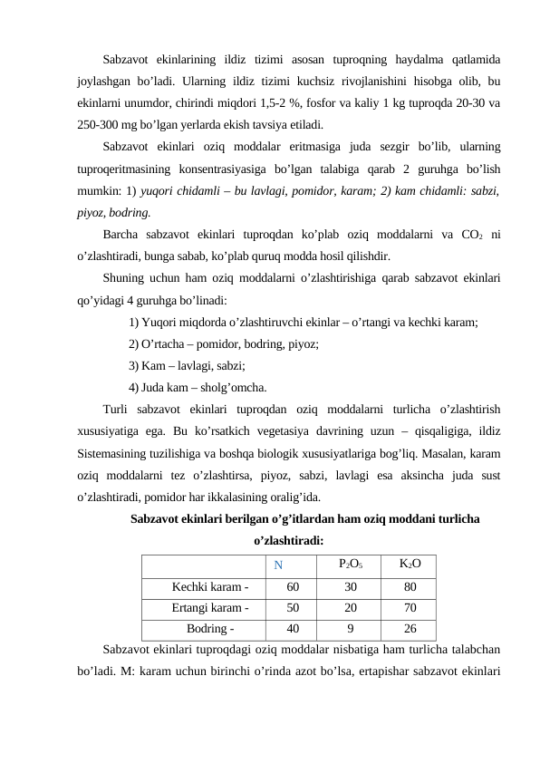 Sabzavot  ekinlarining  ildiz  tizimi  asosan  tuproqning  haydalma  qatlamida
joylashgan bo’ladi. Ularning ildiz tizimi  kuchsiz  rivojlanishini  hisobga olib, bu
ekinlarni unumdor, chirindi miqdori 1,5-2 %, fosfor va kaliy 1 kg tuproqda 20-30 va
250-300 mg bo’lgan yerlarda ekish tavsiya etiladi.
Sabzavot  ekinlari  oziq  moddalar  eritmasiga  juda  sezgir  bo’lib,  ularning
tuproqeritmasining  konsentrasiyasiga  bo’lgan  talabiga  qarab  2  guruhga  bo’lish
mumkin: 1) yuqori chidamli – bu lavlagi, pomidor, karam; 2) kam chidamli: sabzi,
piyoz, bodring.
Barcha  sabzavot  ekinlari  tuproqdan  ko’plab  oziq  moddalarni  va  CO2 ni
o’zlashtiradi, bunga sabab, ko’plab quruq modda hosil qilishdir.
Shuning uchun ham oziq moddalarni o’zlashtirishiga qarab sabzavot ekinlari
qo’yidagi 4 guruhga bo’linadi:
1) Yuqori miqdorda o’zlashtiruvchi ekinlar – o’rtangi va kechki karam;
2) O’rtacha – pomidor, bodring, piyoz;
3) Kam – lavlagi, sabzi;
4) Juda kam – sholg’omcha.
Turli  sabzavot  ekinlari  tuproqdan  oziq  moddalarni  turlicha  o’zlashtirish
xususiyatiga  ega.  Bu  ko’rsatkich  vegetasiya  davrining uzun  – qisqaligiga,  ildiz
Sistemasining tuzilishiga va boshqa biologik xususiyatlariga bog’liq. Masalan, karam
oziq  moddalarni  tez  o’zlashtirsa,  piyoz,  sabzi,  lavlagi  esa  aksincha  juda  sust
o’zlashtiradi, pomidor har ikkalasining oralig’ida.
Sabzavot ekinlari berilgan o’g’itlardan ham oziq moddani turlicha
o’zlashtiradi:
N
P2O5
K2O
Kechki karam -
60
30
80
Ertangi karam -
50
20
70
Bodring -
40
9
26
Sabzavot ekinlari tuproqdagi oziq moddalar nisbatiga ham turlicha talabchan
bo’ladi. M: karam uchun birinchi o’rinda azot bo’lsa, ertapishar sabzavot ekinlari
