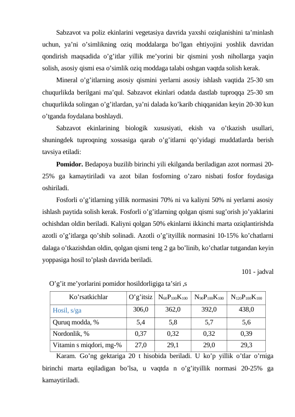 Sabzavot va poliz ekinlarini vegetasiya davrida yaxshi oziqlanishini ta’minlash
uchun,  ya’ni  o’simlikning  oziq  moddalarga  bo’lgan  ehtiyojini  yoshlik  davridan
qondirish maqsadida o’g’itlar yillik me’yorini bir qismini yosh nihollarga yaqin
solish, asosiy qismi esa o’simlik oziq moddaga talabi oshgan vaqtda solish kerak.
Mineral o’g’itlarning asosiy qismini yerlarni asosiy ishlash vaqtida 25-30 sm
chuqurlikda berilgani ma’qul. Sabzavot ekinlari odatda dastlab tuproqqa 25-30 sm
chuqurlikda solingan o’g’itlardan, ya’ni dalada ko’karib chiqqanidan keyin 20-30 kun
o’tganda foydalana boshlaydi.
Sabzavot  ekinlarining  biologik  xususiyati,  ekish  va  o’tkazish  usullari,
shuningdek  tuproqning  xossasiga  qarab o’g’itlarni  qo’yidagi  muddatlarda  berish
tavsiya etiladi:
Pomidor. Bedapoya buzilib birinchi yili ekilganda beriladigan azot normasi 20-
25%  ga  kamaytiriladi  va  azot  bilan  fosforning  o’zaro  nisbati  fosfor  foydasiga
oshiriladi.
Fosforli o’g’itlarning yillik normasini 70% ni va kaliyni 50% ni yerlarni asosiy
ishlash paytida solish kerak. Fosforli o’g’itlarning qolgan qismi sug’orish jo’yaklarini
ochishdan oldin beriladi. Kaliyni qolgan 50% ekinlarni ikkinchi marta oziqlantirishda
azotli o’g’itlarga qo’shib solinadi. Azotli o’g’ityillik normasini 10-15% ko’chatlarni
dalaga o’tkazishdan oldin, qolgan qismi teng 2 ga bo’linib, ko’chatlar tutgandan keyin
yoppasiga hosil to’plash davrida beriladi.
101 - jadval
O’g’it me’yorlarini pomidor hosildorligiga ta’siri ,s
Ko’rsatkichlar
O’g’itsiz
N60P100K100
N90P100K100
N120P100K100
Hosil, s/ga
306,0
362,0
392,0
438,0
Quruq modda, %
5,4
5,8
5,7
5,6
Nordonlik, %
0,37
0,32
0,32
0,39
Vitamin s miqdori, mg-%
27,0
29,1
29,0
29,3
Karam. Go’ng gektariga 20 t hisobida beriladi. U ko’p yillik o’tlar o’rniga
birinchi  marta  eqiladigan  bo’lsa,  u  vaqtda  n  o’g’ityillik  normasi  20-25%  ga
kamaytiriladi.
