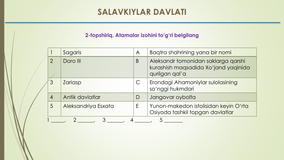 SALAVKIYLAR DAVLATI
2-topshiriq. Atamalar izohini to‘g‘ri belgilang
1
Sagaris
A
Baqtra shahrining yana bir nomi
2
Doro III
B
Aleksandr tomonidan saklarga qarshi
kurashish maqsadida Xo‘jand yaqinida
qurilgan qal’a
3
Zariasp
C
Erondagi Ahamoniylar sulolasining
so‘nggi hukmdori
4
Antik davlatlar
D
Jangovar oybolta
5
Aleksandriya Esxata
E
Yunon-makedon istolisidan keyin O‘rta
Osiyoda tashkil topgan davlatlar
1 _____,     2 ______,     3 ______,    4 ______,     5 _______
