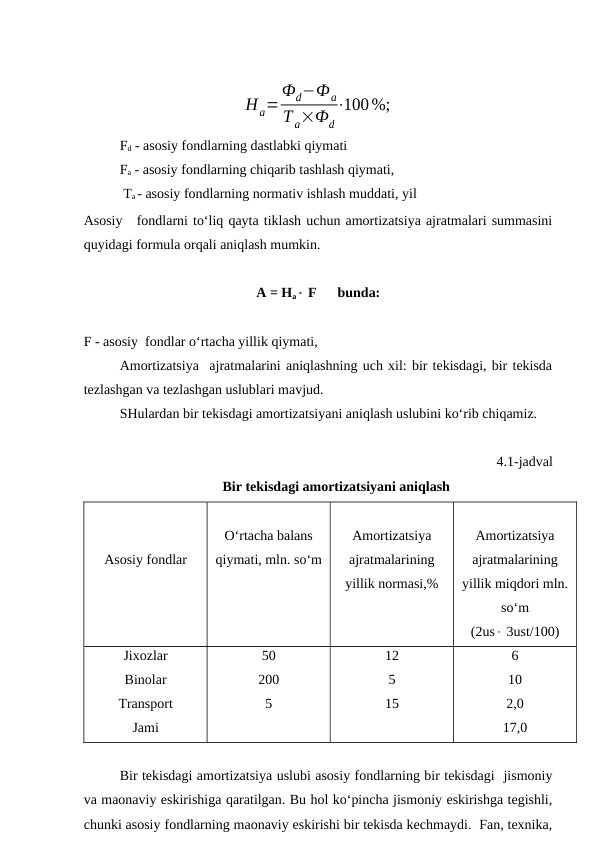 Ha=
Фd−Фa
T a×Фd
⋅100%;
Fd - asosiy fondlarning dastlabki qiymati 
Fa - asosiy fondlarning chiqarib tashlash qiymati, 
 Ta - asosiy fondlarning normativ ishlash muddati, yil 
Asosiy fondlarni to‘liq qayta tiklash uchun amortizatsiya ajratmalari summasini
quyidagi formula orqali aniqlash mumkin.      
A = Ha× F      bunda:
F - asosiy  fondlar o‘rtacha yillik qiymati,  
Amortizatsiya  ajratmalarini aniqlashning uch xil: bir tekisdagi, bir tekisda
tezlashgan va tezlashgan uslublari mavjud. 
SHulardan bir tekisdagi amortizatsiyani aniqlash uslubini ko‘rib chiqamiz.
4.1-jadval
Bir tekisdagi amortizatsiyani aniqlash
Asosiy fondlar
O‘rtacha balans
qiymati, mln. so‘m
Amortizatsiya
ajratmalarining
yillik normasi,%
Amortizatsiya
ajratmalarining
yillik miqdori mln.
so‘m
(2us× 3ust/100)
Jixozlar
Binolar
Transport
Jami
50
200
5
12
5
15
6
10
2,0
17,0
Bir tekisdagi amortizatsiya uslubi asosiy fondlarning bir tekisdagi  jismoniy
va maonaviy eskirishiga qaratilgan. Bu hol ko‘pincha jismoniy eskirishga tegishli,
chunki asosiy fondlarning maonaviy eskirishi bir tekisda kechmaydi.  Fan, texnika,
