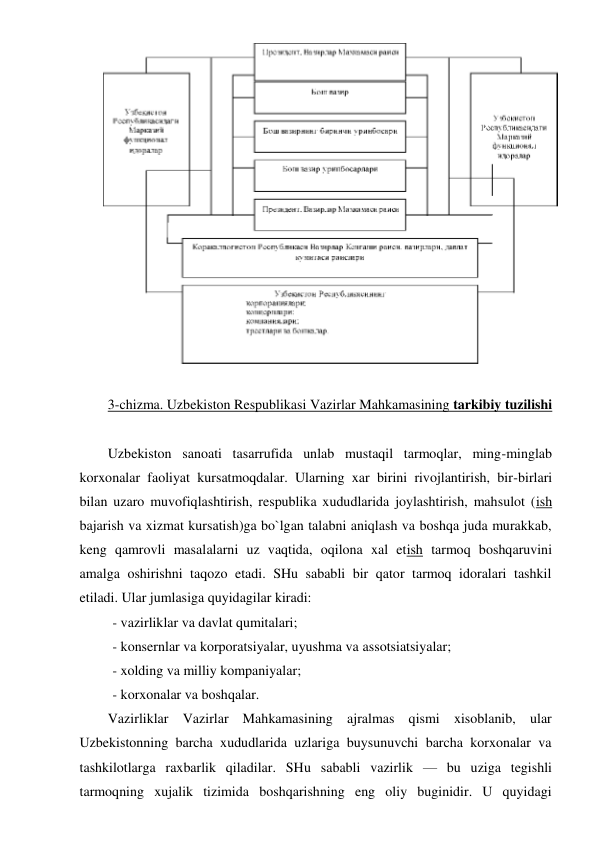  
3-chizma. Uzbekiston Respublikasi Vazirlar Mahkamasining tarkibiy tuzilishi 
 
Uzbekiston sanoati tasarrufida unlab mustaqil tarmoqlar, ming-minglab 
korxonalar faoliyat kursatmoqdalar. Ularning xar birini rivojlantirish, bir-birlari 
bilan uzaro muvofiqlashtirish, respublika xududlarida joylashtirish, mahsulot (ish 
bajarish va xizmat kursatish)ga bo`lgan talabni aniqlash va boshqa juda murakkab, 
keng qamrovli masalalarni uz vaqtida, oqilona xal etish tarmoq boshqaruvini 
amalga oshirishni taqozo etadi. SHu sababli bir qator tarmoq idoralari tashkil 
etiladi. Ular jumlasiga quyidagilar kiradi: 
- vazirliklar va davlat qumitalari; 
- konsernlar va korporatsiyalar, uyushma va assotsiatsiyalar; 
- xolding va milliy kompaniyalar; 
- korxonalar va boshqalar. 
Vazirliklar Vazirlar Mahkamasining ajralmas qismi xisoblanib, ular 
Uzbekistonning barcha xududlarida uzlariga buysunuvchi barcha korxonalar va 
tashkilotlarga raxbarlik qiladilar. SHu sababli vazirlik — bu uziga tegishli 
tarmoqning xujalik tizimida boshqarishning eng oliy buginidir. U quyidagi 
 

