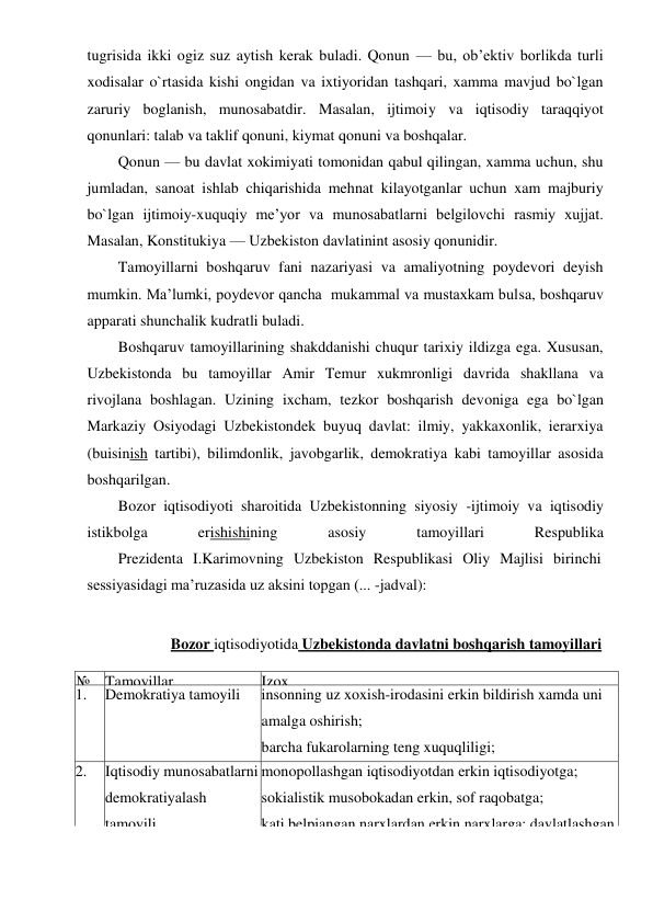 tugrisida ikki ogiz suz aytish kerak buladi. Qonun — bu, ob’ektiv borlikda turli 
xodisalar o`rtasida kishi ongidan va ixtiyoridan tashqari, xamma mavjud bo`lgan 
zaruriy boglanish, munosabatdir. Masalan, ijtimoiy va iqtisodiy taraqqiyot 
qonunlari: talab va taklif qonuni, kiymat qonuni va boshqalar. 
Qonun — bu davlat xokimiyati tomonidan qabul qilingan, xamma uchun, shu 
jumladan, sanoat ishlab chiqarishida mehnat kilayotganlar uchun xam majburiy 
bo`lgan ijtimoiy-xuquqiy me’yor va munosabatlarni belgilovchi rasmiy xujjat. 
Masalan, Konstitukiya — Uzbekiston davlatinint asosiy qonunidir. 
Tamoyillarni boshqaruv fani nazariyasi va amaliyotning poydevori deyish 
mumkin. Ma’lumki, poydevor qancha  mukammal va mustaxkam bulsa, boshqaruv 
apparati shunchalik kudratli buladi. 
Boshqaruv tamoyillarining shakddanishi chuqur tarixiy ildizga ega. Xususan, 
Uzbekistonda bu tamoyillar Amir Temur xukmronligi davrida shakllana va 
rivojlana boshlagan. Uzining ixcham, tezkor boshqarish devoniga ega bo`lgan 
Markaziy Osiyodagi Uzbekistondek buyuq davlat: ilmiy, yakkaxonlik, ierarxiya 
(buisinish tartibi), bilimdonlik, javobgarlik, demokratiya kabi tamoyillar asosida 
boshqarilgan. 
Bozor iqtisodiyoti sharoitida Uzbekistonning siyosiy -ijtimoiy va iqtisodiy 
istikbolga 
erishishining 
asosiy 
tamoyillari 
Respublika
Prezidenta I.Karimovning Uzbekiston Respublikasi Oliy Majlisi birinchi 
sessiyasidagi ma’ruzasida uz aksini topgan (... -jadval): 
Bozor iqtisodiyotida Uzbekistonda davlatni boshqarish tamoyillari 
№ Tamoyillar 
Izox 
1. 
Demokratiya tamoyili 
insonning uz xoxish-irodasini erkin bildirish xamda uni 
amalga oshirish; 
barcha fukarolarning teng xuquqliligi; 
davlat va jamiyat boshqaruvida qonun ustuvorligi; 
davlat va nodavlat iqtisodiyotidan saylovchilar oldidagi 
javobgarligi va boshqalar 
2. 
Iqtisodiy munosabatlarni 
demokratiyalash 
tamoyili 
monopollashgan iqtisodiyotdan erkin iqtisodiyotga; 
sokialistik musobokadan erkin, sof raqobatga; 
kati belpiangan narxlardan erkin narxlarga; davlatlashgan 
mulkdan xilma-xil mulkchilikka asoslangan iqtisodiyotga 
utish 

