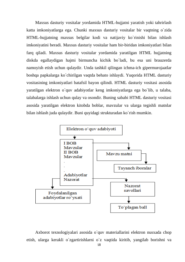 Maxsus dasturiy vositalar yordamida HTML-hujjatni yaratish yoki tahrirlash
katta imkoniyatlarga ega. Chunki maxsus dasturiy vositalar bir vaqtning o`zida
HTML-hujjatning  maxsus  belgilar  kodi  va  natijaviy  ko`rinishi  bilan  ishlash
imkoniyatini beradi. Maxsus dasturiy vositalar ham bir-biridan imkoniyatlari bilan
farq qiladi. Maxsus  dasturiy vositalar yordamida yaratilgan HTML hujjatning
diskda  egallaydigan  hajmi  birmuncha  kichik  bo`ladi,  bu  esa  uni  brauzerda
namoyish etish uchun qulaydir. Unda tashkil qilingan ichma-ich gipermurojaatlar
boshqa papkalarga ko`chirilgan vaqtda behato ishlaydi. Yuqorida HTML dasturiy
vositasining imkoniyatlari batafsil bayon qilindi. HTML dasturiy vositasi asosida
yaratilgan elektron o`quv adabiyotlar keng imkoniyatlarga ega bo`lib, u talaba,
talabalarga ishlash uchun qulay va osondir. Buning sababi HTML dasturiy vositasi
asosida yaratilgan elektron kitobda boblar, mavzular va ularga tegishli matnlar
bilan ishlash juda qulaydir. Buni quyidagi strukturadan ko`rish mumkin.
 
Axborot texnologiyalari asosida o`quv materiallarini elektron nusxada chop
etish, ularga kerakli  o`zgartirishlarni  o`z  vaqtida kiritib, yangilab borishni  va
18
