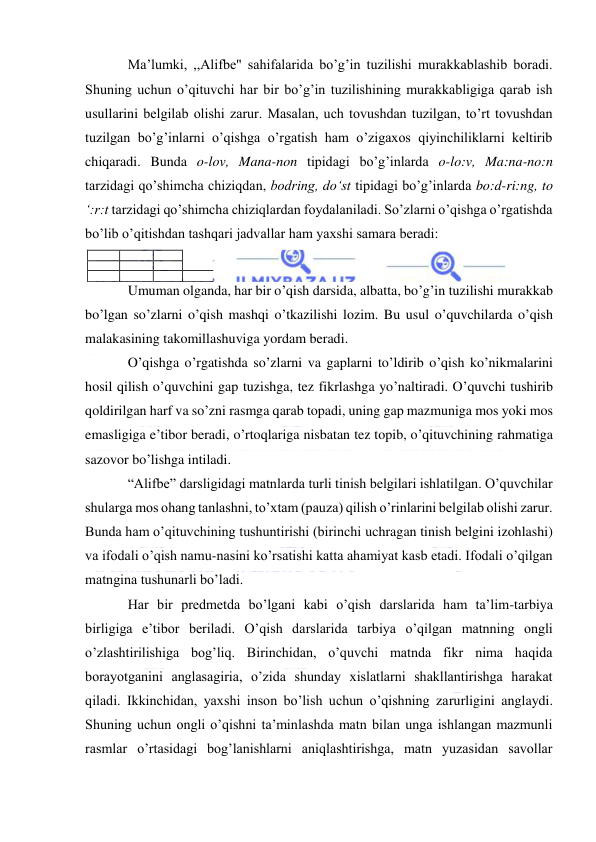  
 
Ma’lumki, ,,Alifbe" sahifalarida bo’g’in tuzilishi murakkablashib boradi. 
Shuning uchun o’qituvchi har bir bo’g’in tuzilishining murakkabligiga qarab ish 
usullarini belgilab olishi zarur. Masalan, uch tovushdan tuzilgan, to’rt tovushdan 
tuzilgan bo’g’inlarni o’qishga o’rgatish ham o’zigaxos qiyinchiliklarni keltirib 
chiqaradi. Bunda o-lov, Mana-non tipidagi bo’g’inlarda o-lo:v, Ma:na-no:n 
tarzidagi qo’shimcha chiziqdan, bodring, do‘st tipidagi bo’g’inlarda bo:d-ri:ng, to 
‘:r:t tarzidagi qo’shimcha chiziqlardan foydalaniladi. So’zlarni o’qishga o’rgatishda 
bo’lib o’qitishdan tashqari jadvallar ham yaxshi samara beradi: 
k
i 
 
 
 
 
 
 
 
 
 
l
a 
 
 
 
 
 
 
 
 
 
l
ar i 
 
Umuman olganda, har bir o’qish darsida, albatta, bo’g’in tuzilishi murakkab 
bo’lgan so’zlarni o’qish mashqi o’tkazilishi lozim. Bu usul o’quvchilarda o’qish 
malakasining takomillashuviga yordam beradi. 
O’qishga o’rgatishda so’zlarni va gaplarni to’ldirib o’qish ko’nikmalarini 
hosil qilish o’quvchini gap tuzishga, tez fikrlashga yo’naltiradi. O’quvchi tushirib 
qoldirilgan harf va so’zni rasmga qarab topadi, uning gap mazmuniga mos yoki mos 
emasligiga e’tibor beradi, o’rtoqlariga nisbatan tez topib, o’qituvchining rahmatiga 
sazovor bo’lishga intiladi. 
“Alifbe” darsligidagi matnlarda turli tinish belgilari ishlatilgan. O’quvchilar 
shularga mos ohang tanlashni, to’xtam (pauza) qilish o’rinlarini belgilab olishi zarur. 
Bunda ham o’qituvchining tushuntirishi (birinchi uchragan tinish belgini izohlashi) 
va ifodali o’qish namu-nasini ko’rsatishi katta ahamiyat kasb etadi. Ifodali o’qilgan 
matngina tushunarli bo’ladi. 
Har bir predmetda bo’lgani kabi o’qish darslarida ham ta’lim-tarbiya 
birligiga e’tibor beriladi. O’qish darslarida tarbiya o’qilgan matnning ongli 
o’zlashtirilishiga bog’liq. Birinchidan, o’quvchi matnda fikr nima haqida 
borayotganini anglasagiria, o’zida shunday xislatlarni shakllantirishga harakat 
qiladi. Ikkinchidan, yaxshi inson bo’lish uchun o’qishning zarurligini anglaydi. 
Shuning uchun ongli o’qishni ta’minlashda matn bilan unga ishlangan mazmunli 
rasmlar o’rtasidagi bog’lanishlarni aniqlashtirishga, matn yuzasidan savollar 
