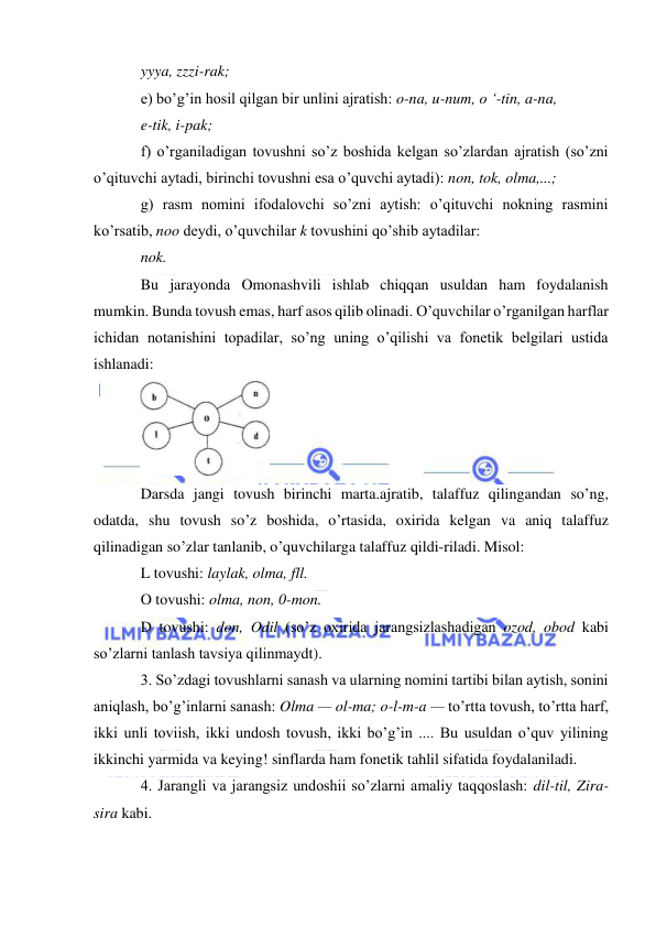  
 
yyya, zzzi-rak; 
e) bo’g’in hosil qilgan bir unlini ajratish: o-na, u-num, o ‘-tin, a-na, 
e-tik, i-pak; 
f) o’rganiladigan tovushni so’z boshida kelgan so’zlardan ajratish (so’zni 
o’qituvchi aytadi, birinchi tovushni esa o’quvchi aytadi): non, tok, olma,...; 
g) rasm nomini ifodalovchi so’zni aytish: o’qituvchi nokning rasmini 
ko’rsatib, noo deydi, o’quvchilar k tovushini qo’shib aytadilar: 
nok. 
Bu jarayonda Omonashvili ishlab chiqqan usuldan ham foydalanish 
mumkin. Bunda tovush emas, harf asos qilib olinadi. O’quvchilar o’rganilgan harflar 
ichidan notanishini topadilar, so’ng uning o’qilishi va fonetik belgilari ustida 
ishlanadi: 
 
Darsda jangi tovush birinchi marta.ajratib, talaffuz qilingandan so’ng, 
odatda, shu tovush so’z boshida, o’rtasida, oxirida kelgan va aniq talaffuz 
qilinadigan so’zlar tanlanib, o’quvchilarga talaffuz qildi-riladi. Misol: 
L tovushi: laylak, olma, fll. 
O tovushi: olma, non, 0-mon. 
D tovushi: don, Odil (so’z oxirida jarangsizlashadigan ozod, obod kabi 
so’zlarni tanlash tavsiya qilinmaydt). 
3. So’zdagi tovushlarni sanash va ularning nomini tartibi bilan aytish, sonini 
aniqlash, bo’g’inlarni sanash: Olma — ol-ma; o-l-m-a — to’rtta tovush, to’rtta harf, 
ikki unli toviish, ikki undosh tovush, ikki bo’g’in .... Bu usuldan o’quv yilining 
ikkinchi yarmida va keying! sinflarda ham fonetik tahlil sifatida foydalaniladi. 
4. Jarangli va jarangsiz undoshii so’zlarni amaliy taqqoslash: dil-til, Zira-
sira kabi. 
