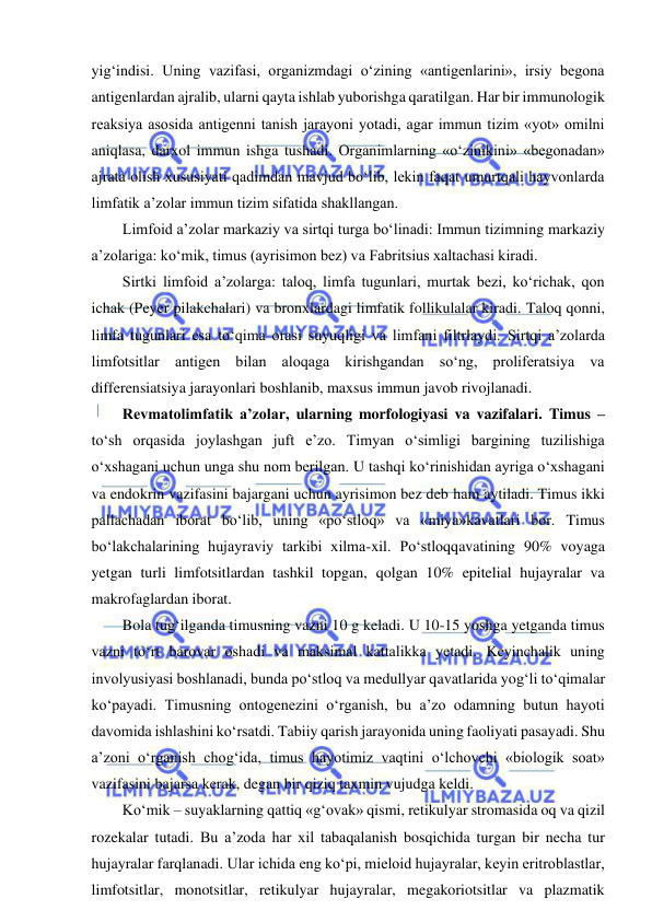  
 
yig‘indisi. Uning vazifasi, organizmdagi o‘zining «antigenlarini», irsiy begona 
antigenlardan ajralib, ularni qayta ishlab yuborishga qaratilgan. Har bir immunologik 
reaksiya asosida antigenni tanish jarayoni yotadi, agar immun tizim «yot» omilni 
aniqlasa, darxol immun ishga tushadi. Organimlarning «o‘zinikini» «begonadan» 
ajrata olish xususiyati qadimdan mavjud bo‘lib, lekin faqat umurtqali hayvonlarda 
limfatik a’zolar immun tizim sifatida shakllangan.  
Limfoid a’zolar markaziy va sirtqi turga bo‘linadi: Immun tizimning markaziy 
a’zolariga: ko‘mik, timus (ayrisimon bez) va Fabritsius xaltachasi kiradi.  
Sirtki limfoid a’zolarga: taloq, limfa tugunlari, murtak bezi, ko‘richak, qon 
ichak (Peyer pilakchalari) va bronxlardagi limfatik follikulalar kiradi. Taloq qonni, 
limfa tugunlari esa to‘qima orasi suyuqligi va limfani filtrlaydi. Sirtqi a’zolarda 
limfotsitlar antigen bilan aloqaga kirishgandan so‘ng, proliferatsiya va 
differensiatsiya jarayonlari boshlanib, maxsus immun javob rivojlanadi.  
Revmatolimfatik a’zolar, ularning morfologiyasi va vazifalari. Timus – 
to‘sh orqasida joylashgan juft e’zo. Timyan o‘simligi bargining tuzilishiga 
o‘xshagani uchun unga shu nom berilgan. U tashqi ko‘rinishidan ayriga o‘xshagani 
va endokrin vazifasini bajargani uchun ayrisimon bez deb ham aytiladi. Timus ikki 
pallachadan iborat bo‘lib, uning «po‘stloq» va «miya»kavatlari bor. Timus 
bo‘lakchalarining hujayraviy tarkibi xilma-xil. Po‘stloqqavatining 90% voyaga 
yetgan turli limfotsitlardan tashkil topgan, qolgan 10% epitelial hujayralar va 
makrofaglardan iborat.  
Bola tug‘ilganda timusning vazni 10 g keladi. U 10-15 yoshga yetganda timus 
vazni to‘rt barovar oshadi va maksimal kattalikka yetadi. Keyinchalik uning 
involyusiyasi boshlanadi, bunda po‘stloq va medullyar qavatlarida yog‘li to‘qimalar 
ko‘payadi. Timusning ontogenezini o‘rganish, bu a’zo odamning butun hayoti 
davomida ishlashini ko‘rsatdi. Tabiiy qarish jarayonida uning faoliyati pasayadi. Shu 
a’zoni o‘rganish chog‘ida, timus hayotimiz vaqtini o‘lchovchi «biologik soat» 
vazifasini bajarsa kerak, degan bir qiziq taxmin vujudga keldi.  
Ko‘mik – suyaklarning qattiq «g‘ovak» qismi, retikulyar stromasida oq va qizil 
rozekalar tutadi. Bu a’zoda har xil tabaqalanish bosqichida turgan bir necha tur 
hujayralar farqlanadi. Ular ichida eng ko‘pi, mieloid hujayralar, keyin eritroblastlar, 
limfotsitlar, monotsitlar, retikulyar hujayralar, megakoriotsitlar va plazmatik 
