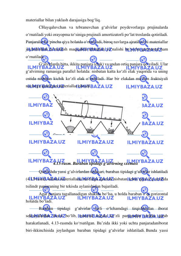  
 
materiallar bilan yuklash darajasiga bog‘liq. 
CHayqaluvchan va tebranuvchan g‘alvirlar poydevorlarga prujinalarda 
o‘rnatiladi yoki orayopma to‘siniga prujinali amortizatorli po‘lat troslarda qotiriladi. 
Panjaralar ko‘pincha qiya holatda o‘rnatiladi, biroq navlarga ajratiluvchi materiallar 
joylashishini ta’minlash maqsadida tebranish yo‘nalishi bo‘yicha gorizontal ham 
o‘rnatiladi. 
G‘alvirlarda bitta, ikkita panjara (elak) va undan ortiq panjara qo‘yiladi. Ular 
g‘alvirning ramasiga parallel holatda: nisbatan katta ko‘zli elak yuqorida va uning 
ostida nisbatan kichik ko‘zli elak o‘rnatiladi. Har bir elakdan ma’lum fraktsiyali 
navlarga ajratilgan materiallar olinadi. 
 
 
 
4.13-rasm. Baraban tipidagi g‘alvirning sxemasi 
Qurilishda yassi g‘alvirlardan tashqari, baraban tipidagi g‘alvirlar ishlatiladi 
(4.13-rasm), ularda materiallarni navlarga ajratish nisbatan sekin qiya o‘q atrofida 
tsilindr panjaraning bir tekisda aylanishidan bajariladi. 
Agar panjara tugallanadigan shaklda bo‘lsa, u holda baraban o‘qi gorizontal 
holatda bo‘ladi. 
Baraban tipidagi g‘alvirlar turli o‘lchamdagi tirqishlardan iborat 
sektsiyalardan iborat bo‘lib, material mayda ko‘zli panjaradan yirikka qarab 
harakatlanadi, 4.13-rasmda ko‘rsatilgan. Ba’zida ikki yoki uchta panjaradan iborat 
biri-ikkinchisida joylashgan baraban tipidagi g‘alvirlar ishlatiladi. Bunda yassi 
