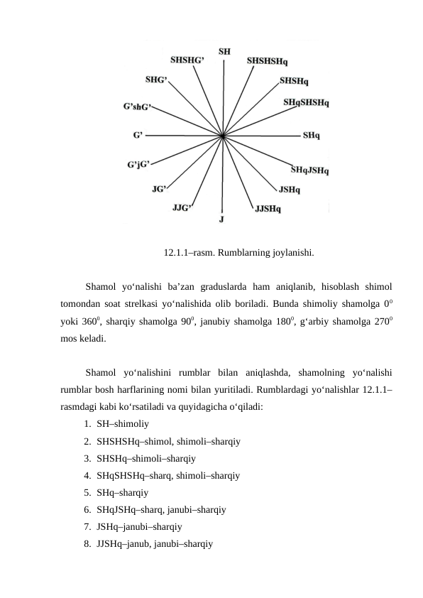 12.1.1–rasm. Rumblarning joylanishi.
Shamol  yo‘nalishi  ba’zan  graduslarda  ham  aniqlanib,  hisoblash  shimol
tomondan soat strelkasi yo‘nalishida olib boriladi. Bunda shimoliy shamolga 00
yoki 3600, sharqiy shamolga 900, janubiy shamolga 1800, g‘arbiy shamolga 2700
mos keladi.
Shamol  yo‘nalishini  rumblar  bilan  aniqlashda,  shamolning  yo‘nalishi
rumblar bosh harflarining nomi bilan yuritiladi. Rumblardagi yo‘nalishlar 12.1.1–
rasmdagi kabi ko‘rsatiladi va quyidagicha o‘qiladi:
1. SH–shimoliy
2. SHSHSHq–shimol, shimoli–sharqiy
3. SHSHq–shimoli–sharqiy
4. SHqSHSHq–sharq, shimoli–sharqiy
5. SHq–sharqiy
6. SHqJSHq–sharq, janubi–sharqiy
7. JSHq–janubi–sharqiy
8. JJSHq–janub, janubi–sharqiy

