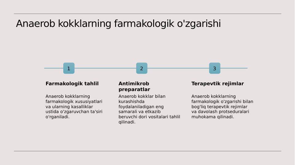 Anaerob kokklarning farmakologik o'zgarishi
1
Farmakologik tahlil
Anaerob kokklarning 
farmakologik xususiyatlari 
va ularning kasalliklar 
ustida o'zgaruvchan ta'siri 
o'rganiladi.
2
Antimikrob 
preparatlar
Anaerob kokklar bilan 
kurashishda 
foydalaniladigan eng 
samarali va etkazib 
beruvchi dori vositalari tahlil 
qilinadi.
3
Terapevtik rejimlar
Anaerob kokklarning 
farmakologik o'zgarishi bilan 
bog'liq terapevtik rejimlar 
va davolash protseduralari 
muhokama qilinadi.
