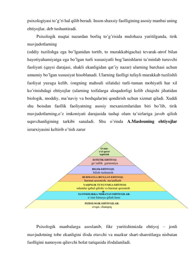 psixologiyasi to’g’ri hal qilib beradi. Inson shaxsiy faolligining asosiy manbai uning 
ehtiyojlar, deb tushuntiradi.  
Psixologik nuqtai nazardan borliq to’g’risida mulohaza yuritilganda, tirik 
mavjudotlarning 
(oddiy tuzilishga ega bo’lganidan tortib, to murakkabigacha) tevarak-atrof bilan 
hayotiyahamiyatga ega bo’lgan turli xususiyatli bog’lanishlarni ta’minlab turuvchi 
faoliyati (qaysi darajasi, shakli ekanligidan qat’iy nazar) ularning barchasi uchun 
umumiy bo’lgan xususiyat hisoblanadi. Ularning faolligi tufayli murakkab tuzilishli 
faoliyat yuzaga kelib, (ongning mahsuli sifatida) turli-tuman mohiyatli har xil 
ko’rinishdagi ehtiyojlar (ularning toifalarga aloqadorligi kelib chiqishi jihatidan 
biologik, moddiy, ma’naviy va boshqalar)ni qondirish uchun xizmat qiladi. Xuddi 
shu boisdan faollik faoliyatning asosiy mexanizmlaridan biri bo’lib, tirik 
mavjudotlarning,o’z imkoniyati darajasida tashqi olam ta’sirlariga javob qilish 
uquvchanligining tarkibi sanaladi. Shu o’rinda A.Maslouning ehtiyojlar 
ierarxiyasini keltirib o’tish zarur 
 
 
 
Psixologik manbalarga asoslanib, fikr yuritishimizda ehtiyoj – jonli 
mavjudotning tobe ekanligini ifoda etuvchi va mazkur shart-sharoitlarga nisbatan 
faolligini namoyon qiluvchi holat tariqasida ifodalaniladi. 
O‘zini- 
o‘zi qaror 
toptirish 
 
ESTETIK EHTIYOJ: 
go‘zallik  garmoniya 
 
BILISh EHTIYOJI: 
bilish tushunish 
 
HURMATGA BO‘LGAN EHTIYOJ: 
hurmat qozonish, ma'qullash 
                               YAQINLIK TUYG‘USIGA EHTIYOJ: 
odamlar qabul qilishi va hurmat qozonish 
sh  
XAVFSIZLIKKA NISBATAN EHTIYOJLAR: 
o‘zini himoya qilish hissi 
FIZIOLOGIK EHTIYOJLAR: 
ovqat, chanqoq 
