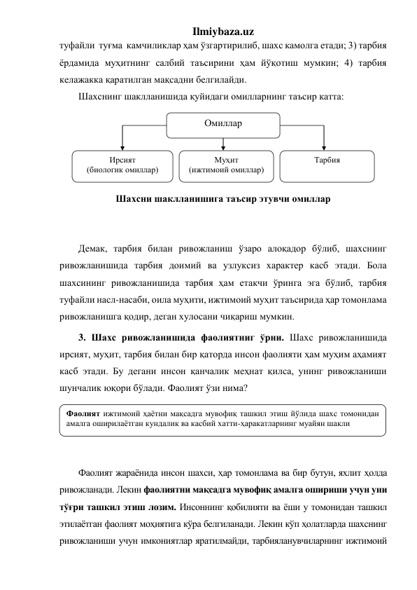 Ilmiybaza.uz 
туфайли  туғма  камчиликлар ҳам ўзгартирилиб, шахс камолга етади; 3) тарбия 
ёрдамида муҳитнинг салбий таъсирини ҳам йўқотиш мумкин; 4) тарбия 
келажакка қаратилган мақсадни белгилайди. 
Шахснинг шаклланишида қуйидаги омилларнинг таъсир катта: 
 
 
 
 
 
 
 
 
Демак, тарбия билан ривожланиш ўзаро алоқадор бўлиб, шахснинг 
ривожланишида тарбия доимий ва узлуксиз характер касб этади. Бола 
шахсининг ривожланишида тарбия ҳам етакчи ўринга эга бўлиб, тарбия 
туфайли насл-насаби, оила муҳити, ижтимоий муҳит таъсирида ҳар томонлама 
ривожланишга қодир, деган хулосани чиқариш мумкин. 
3. Шахс ривожланишида фаолиятниг ўрни. Шахс ривожланишида 
ирсият, муҳит, тарбия билан бир қаторда инсон фаолияти ҳам муҳим аҳамият 
касб этади. Бу дегани инсон қанчалик меҳнат қилса, унинг ривожланиши 
шунчалик юқори бўлади. Фаолият ўзи нима?  
 
 
 
 
Фаолият жараёнида инсон шахси, ҳар томонлама ва бир бутун, яхлит ҳолда 
ривожланади. Лекин фаолиятни мақсадга мувофиқ амалга ошириши учун уни 
тўғри ташкил этиш лозим. Инсоннинг қобилияти ва ёши у томонидан ташкил 
этилаётган фаолият моҳиятига кўра белгиланади. Лекин кўп ҳолатларда шахснинг 
ривожланиши учун имкониятлар яратилмайди, тарбияланувчиларнинг ижтимоий 
Фаолият ижтимоий ҳаётни мақсадга мувофиқ ташкил этиш йўлида шахс томонидан 
амалга оширилаётган кундалик ва касбий хатти-ҳаракатларнинг муайян шакли 
 
Омиллар 
Ирсият  
(биологик омиллар) 
Муҳит 
(ижтимоий омиллар) 
Тарбия 
Шахсни шаклланишига таъсир этувчи омиллар 
