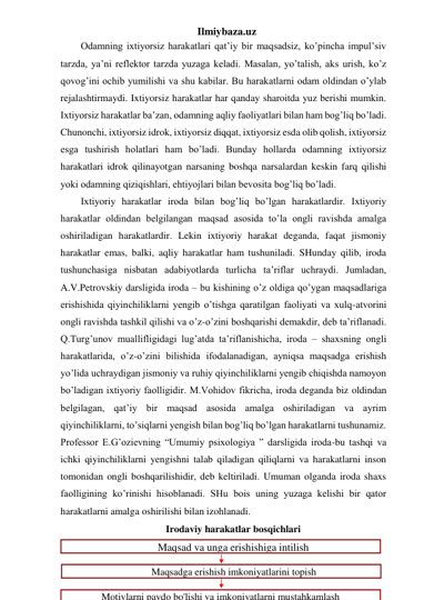 Ilmiybaza.uz 
Odamning ixtiyorsiz harakatlari qat’iy bir maqsadsiz, ko’pincha impul’siv 
tarzda, ya’ni reflektor tarzda yuzaga keladi. Masalan, yo’talish, aks urish, ko’z 
qovog’ini ochib yumilishi va shu kabilar. Bu harakatlarni odam oldindan o’ylab 
rejalashtirmaydi. Ixtiyorsiz harakatlar har qanday sharoitda yuz berishi mumkin. 
Ixtiyorsiz harakatlar ba’zan, odamning aqliy faoliyatlari bilan ham bog’liq bo’ladi. 
Chunonchi, ixtiyorsiz idrok, ixtiyorsiz diqqat, ixtiyorsiz esda olib qolish, ixtiyorsiz 
esga tushirish holatlari ham bo’ladi. Bunday hollarda odamning ixtiyorsiz 
harakatlari idrok qilinayotgan narsaning boshqa narsalardan keskin farq qilishi 
yoki odamning qiziqishlari, ehtiyojlari bilan bevosita bog’liq bo’ladi. 
Ixtiyoriy harakatlar iroda bilan bog’liq bo’lgan harakatlardir. Ixtiyoriy 
harakatlar oldindan belgilangan maqsad asosida to’la ongli ravishda amalga 
oshiriladigan harakatlardir. Lekin ixtiyoriy harakat deganda, faqat jismoniy 
harakatlar emas, balki, aqliy harakatlar ham tushuniladi. SHunday qilib, iroda 
tushunchasiga nisbatan adabiyotlarda turlicha ta’riflar uchraydi. Jumladan, 
A.V.Petrovskiy darsligida iroda – bu kishining o’z oldiga qo’ygan maqsadlariga 
erishishida qiyinchiliklarni yengib o’tishga qaratilgan faoliyati va xulq-atvorini 
ongli ravishda tashkil qilishi va o’z-o’zini boshqarishi demakdir, deb ta’riflanadi. 
Q.Turg’unov muallifligidagi lug’atda ta’riflanishicha, iroda – shaxsning ongli 
harakatlarida, o’z-o’zini bilishida ifodalanadigan, ayniqsa maqsadga erishish 
yo’lida uchraydigan jismoniy va ruhiy qiyinchiliklarni yengib chiqishda namoyon 
bo’ladigan ixtiyoriy faolligidir. M.Vohidov fikricha, iroda deganda biz oldindan 
belgilagan, qat’iy bir maqsad asosida amalga oshiriladigan va ayrim 
qiyinchiliklarni, to’siqlarni yengish bilan bog’liq bo’lgan harakatlarni tushunamiz. 
Professor E.G’ozievning “Umumiy psixologiya ” darsligida iroda-bu tashqi va 
ichki qiyinchiliklarni yengishni talab qiladigan qiliqlarni va harakatlarni inson 
tomonidan ongli boshqarilishidir, deb keltiriladi. Umuman olganda iroda shaxs 
faolligining ko’rinishi hisoblanadi. SHu bois uning yuzaga kelishi bir qator 
harakatlarni amalga oshirilishi bilan izohlanadi. 
 
 
Maqsad va unga erishishiga intilish 
 
Maqsadga erishish imkoniyatlarini topish 
 
Motivlarni paydo bo'lishi va imkoniyatlarni mustahkamlash
Irodaviy harakatlar bosqichlari 
 
