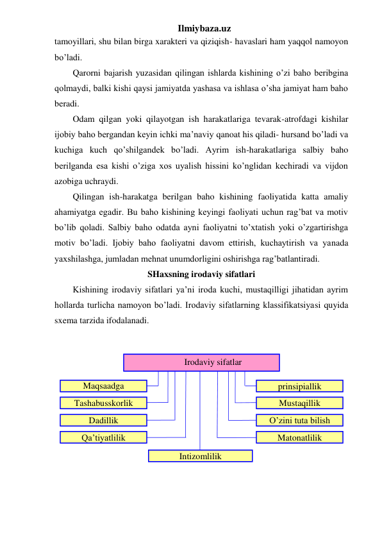 Ilmiybaza.uz 
tamoyillari, shu bilan birga xarakteri va qiziqish- havaslari ham yaqqol namoyon 
bo’ladi.  
Qarorni bajarish yuzasidan qilingan ishlarda kishining o’zi baho beribgina 
qolmaydi, balki kishi qaysi jamiyatda yashasa va ishlasa o’sha jamiyat ham baho 
beradi.  
Odam qilgan yoki qilayotgan ish harakatlariga tevarak-atrofdagi kishilar 
ijobiy baho bergandan keyin ichki ma’naviy qanoat his qiladi- hursand bo’ladi va 
kuchiga kuch qo’shilgandek bo’ladi. Ayrim ish-harakatlariga salbiy baho 
berilganda esa kishi o’ziga xos uyalish hissini ko’nglidan kechiradi va vijdon 
azobiga uchraydi.  
Qilingan ish-harakatga berilgan baho kishining faoliyatida katta amaliy 
ahamiyatga egadir. Bu baho kishining keyingi faoliyati uchun rag’bat va motiv 
bo’lib qoladi. Salbiy baho odatda ayni faoliyatni to’xtatish yoki o’zgartirishga 
motiv bo’ladi. Ijobiy baho faoliyatni davom ettirish, kuchaytirish va yanada 
yaxshilashga, jumladan mehnat unumdorligini oshirishga rag’batlantiradi. 
SHaxsning irodaviy sifatlari 
Kishining irodaviy sifatlari ya’ni iroda kuchi, mustaqilligi jihatidan ayrim 
hollarda turlicha namoyon bo’ladi. Irodaviy sifatlarning klassifikatsiyasi quyida 
sxema tarzida ifodalanadi.  
 
 
 
 
 
 
 
 
 
 
 
Intizomlilik 
Irodaviy sifatlar 
 
Maqsaadga 
интилувчанлик 
Tashabusskorlik 
Dadillik 
Qa’tiyatlilik 
prinsipiallik 
Mustaqillik 
O’zini tuta bilish 
Matonatlilik 
