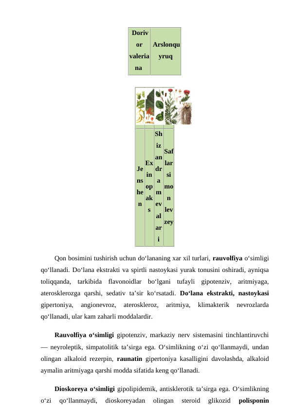 Doriv
or
valeria
na 
Arslonqu
yruq 
Je
ns
he
n
Ex
in
op
ak
s
Sh
iz
an
dr
a
m
ev
al
ar
i
Saf
lar
si
mo
n
lev
zey
Qon bosimini tushirish uchun do‘lananing xar xil turlari, rauvolfiya o‘simligi
qo‘llanadi. Do‘lana ekstrakti va spirtli nastoykasi yurak tonusini oshiradi, ayniqsa
toliqqanda,  tarkibida  flavonoidlar  bo‘lgani  tufayli  gipotenziv,  aritmiyaga,
aterosklerozga qarshi,  sedativ  ta’sir  ko‘rsatadi.  Do‘lana ekstrakti, nastoykasi
gipertoniya,  angionevroz,  ateroskleroz,  aritmiya,  klimakterik  nevrozlarda
qo‘llanadi, ular kam zaharli moddalardir. 
Rauvolfiya o‘simligi gipotenziv, markaziy nerv sistemasini tinchlantiruvchi
— neyroleptik, simpatolitik ta’sirga ega. O‘simlikning o‘zi qo‘llanmaydi, undan
olingan alkaloid rezerpin,  raunatin gipertoniya kasalligini davolashda, alkaloid
aymalin aritmiyaga qarshi modda sifatida keng qo‘llanadi. 
Dioskoreya o‘simligi gipolipidemik, antisklerotik ta’sirga ega. O‘simlikning
o‘zi  qo‘llanmaydi,  dioskoreyadan  olingan  steroid  glikozid
 polisponin
