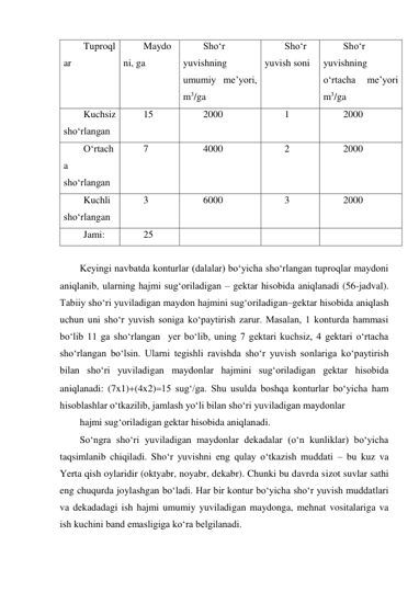 Tuproql
ar 
Maydo
ni, ga 
Sho‘r 
yuvishning 
umumiy me’yori, 
m3/ga 
Sho‘r 
yuvish soni 
Sho‘r 
yuvishning 
o‘rtacha 
me’yori 
m3/ga 
Kuchsiz 
sho‘rlangan 
15 
2000 
1 
2000 
O‘rtach
a 
sho‘rlangan 
7 
4000 
2 
2000 
Kuchli 
sho‘rlangan 
3 
6000 
3 
2000 
Jami: 
25 
 
 
 
 
Keyingi navbatda konturlar (dalalar) bo‘yicha sho‘rlangan tuproqlar maydoni 
aniqlanib, ularning hajmi sug‘oriladigan – gektar hisobida aniqlanadi (56-jadval). 
Tabiiy sho‘ri yuviladigan maydon hajmini sug‘oriladigan–gektar hisobida aniqlash 
uchun uni sho‘r yuvish soniga ko‘paytirish zarur. Masalan, 1 konturda hammasi 
bo‘lib 11 ga sho‘rlangan  yer bo‘lib, uning 7 gektari kuchsiz, 4 gektari o‘rtacha 
sho‘rlangan bo‘lsin. Ularni tegishli ravishda sho‘r yuvish sonlariga ko‘paytirish 
bilan sho‘ri yuviladigan maydonlar hajmini sug‘oriladigan gektar hisobida 
aniqlanadi: (7x1)(4x2)15 sug‘/ga. Shu usulda boshqa konturlar bo‘yicha ham 
hisoblashlar o‘tkazilib, jamlash yo‘li bilan sho‘ri yuviladigan maydonlar  
hajmi sug‘oriladigan gektar hisobida aniqlanadi. 
So‘ngra sho‘ri yuviladigan maydonlar dekadalar (o‘n kunliklar) bo‘yicha 
taqsimlanib chiqiladi. Sho‘r yuvishni eng qulay o‘tkazish muddati – bu kuz va 
Yerta qish oylaridir (oktyabr, noyabr, dekabr). Chunki bu davrda sizot suvlar sathi 
eng chuqurda joylashgan bo‘ladi. Har bir kontur bo‘yicha sho‘r yuvish muddatlari 
va dekadadagi ish hajmi umumiy yuviladigan maydonga, mehnat vositalariga va 
ish kuchini band emasligiga ko‘ra belgilanadi. 
