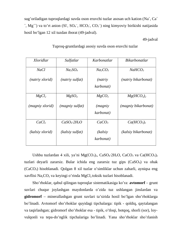 sug’oriladigan tuproqlardagi suvda oson eruvchi tuzlar asosan uch kation (Na+, Ca+
+, Mg++) va to’rt anion (Sl-, SO4
--, HCO3
-, CO3
--) ning kimyoviy birikishi natijasida
hosil bo’lgan 12 xil tuzdan iborat (49-jadval). 
49-jadval
Tuproq-gruntlardagi asosiy suvda oson eruvchi tuzlar
Xloridlar
Sulfatlar
Karbonatlar
Bikarbonatlar
NaCl
(natriy xlorid)
Na2SO4
(natriy sulfat)
Na2CO3
(natriy
karbonat)
NaHCO3
(natriy bikarbonat)
MgCl2
(magniy xlorid)
MgSO4
(magniy sulfat)
MgCO3
(magniy
karbonat)
Mg(HCO3)2
(magniy bikarbonat)
CaCl2
(kalsiy xlorid)
CaSO4∙2H2O
(kalsiy sulfat)
CaCO3
(kalsiy
karbonat)
Ca(HCO3)2
(kalsiy bikarbonat)
Ushbu tuzlardan 4 xili, ya’ni Mg(CO3)2, CaSO4∙2H2O, CaCO3 va Ca(HCO3)2
tuzlari  deyarli  zararsiz.  Bular  ichida  eng  zararsiz  tuz  gips  (CaSO4)  va  ohak
(CaCO3) hisoblanadi. Qolgan 8 xil tuzlar o’simliklar uchun zaharli, ayniqsa eng
xavflisi Na2CO3 va keyingi o’rinda MgCl2 toksik tuzlari hisoblanadi. 
Sho’rhoklar, qabul qilingan tuproqlar sistematikasiga ko’ra: avtomorf – grunt
suvlari  chuqur  joylashgan  maydonlarda  o’zida  tuz  ushlangan  jinslardan  va
gidromorf – minerallashgan grunt suvlari ta’sirida hosil bo’lgan sho’rhoklarga
bo’linadi. Avtomorf sho’rhoklar quyidagi tipchalarga: tipik - qoldiq, qaytalangan
va taqirlashgan; gidromorf sho’rhoklar esa - tipik, o’tloqi, botqoq, shorli (sor), loy-
vulqonli  va  tepa-do’nglik  tipchalariga  bo’linadi.  Yana  sho’rhoklar  sho’rlanish
