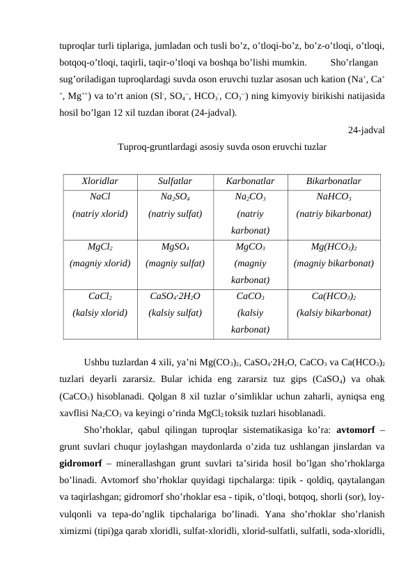 tuproqlar turli tiplariga, jumladan och tusli bo’z, o’tloqi-bo’z, bo’z-o’tloqi, o’tloqi,
botqoq-o’tloqi, taqirli, taqir-o’tloqi va boshqa bo’lishi mumkin. 
Sho’rlangan
sug’oriladigan tuproqlardagi suvda oson eruvchi tuzlar asosan uch kation (Na+, Ca+
+, Mg++) va to’rt anion (Sl-, SO4
--, HCO3
-, CO3
--) ning kimyoviy birikishi natijasida
hosil bo’lgan 12 xil tuzdan iborat (24-jadval). 
24-jadval
Tuproq-gruntlardagi asosiy suvda oson eruvchi tuzlar
Xloridlar
Sulfatlar
Karbonatlar
Bikarbonatlar
NaCl
(natriy xlorid)
Na2SO4
(natriy sulfat)
Na2CO3
(natriy
karbonat)
NaHCO3
(natriy bikarbonat)
MgCl2
(magniy xlorid)
MgSO4
(magniy sulfat)
MgCO3
(magniy
karbonat)
Mg(HCO3)2
(magniy bikarbonat)
CaCl2
(kalsiy xlorid)
CaSO4∙2H2O
(kalsiy sulfat)
CaCO3
(kalsiy
karbonat)
Ca(HCO3)2
(kalsiy bikarbonat)
Ushbu tuzlardan 4 xili, ya’ni Mg(CO3)2, CaSO4∙2H2O, CaCO3 va Ca(HCO3)2
tuzlari  deyarli  zararsiz.  Bular  ichida  eng  zararsiz  tuz  gips  (CaSO4)  va  ohak
(CaCO3) hisoblanadi. Qolgan 8 xil tuzlar o’simliklar uchun zaharli, ayniqsa eng
xavflisi Na2CO3 va keyingi o’rinda MgCl2 toksik tuzlari hisoblanadi. 
Sho’rhoklar, qabul qilingan tuproqlar sistematikasiga ko’ra:  avtomorf –
grunt suvlari chuqur joylashgan maydonlarda o’zida tuz ushlangan jinslardan va
gidromorf – minerallashgan grunt suvlari ta’sirida hosil bo’lgan sho’rhoklarga
bo’linadi. Avtomorf sho’rhoklar quyidagi tipchalarga: tipik - qoldiq, qaytalangan
va taqirlashgan; gidromorf sho’rhoklar esa - tipik, o’tloqi, botqoq, shorli (sor), loy-
vulqonli  va  tepa-do’nglik  tipchalariga  bo’linadi.  Yana  sho’rhoklar  sho’rlanish
ximizmi (tipi)ga qarab xloridli, sulfat-xloridli, xlorid-sulfatli, sulfatli, soda-xloridli,
