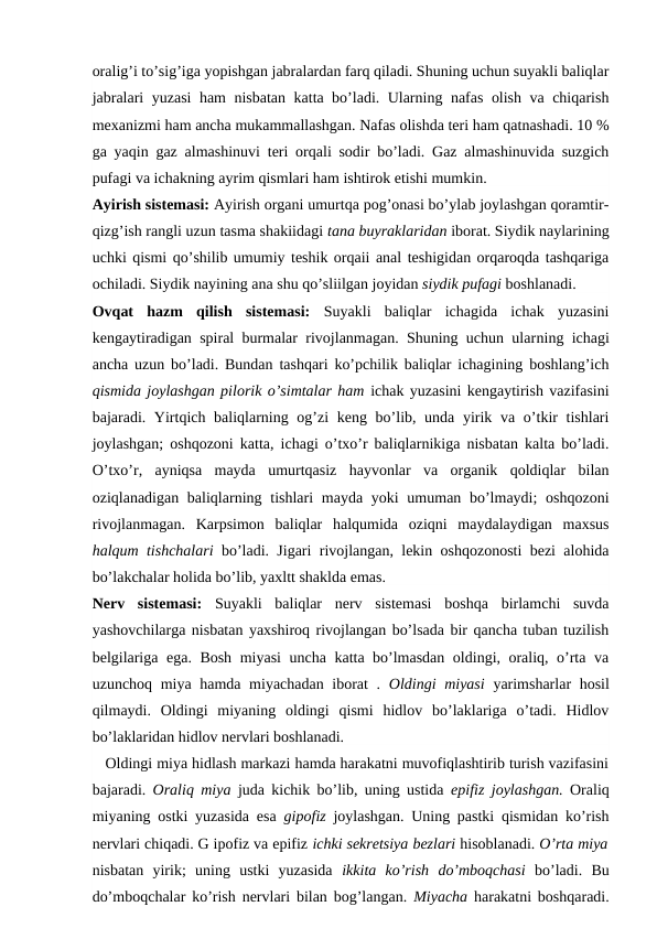oralig’i to’sig’iga yopishgan jabralardan farq qiladi. Shuning uchun suyakli baliqlar
jabralari yuzasi ham nisbatan katta bo’ladi. Ularning nafas olish va chiqarish
mexanizmi ham ancha mukammallashgan. Nafas olishda teri ham qatnashadi. 10 %
ga yaqin gaz almashinuvi teri orqali sodir bo’ladi. Gaz almashinuvida suzgich
pufagi va ichakning ayrim qismlari ham ishtirok etishi mumkin.
Ayirish sistemasi: Ayirish organi umurtqa pog’onasi bo’ylab joylashgan qoramtir-
qizg’ish rangli uzun tasma shakiidagi tana buyraklaridan iborat. Siydik naylarining
uchki qismi qo’shilib umumiy teshik orqaii anal teshigidan orqaroqda tashqariga
ochiladi. Siydik nayining ana shu qo’sliilgan joyidan siydik pufagi boshlanadi.
Ovqat  hazm  qilish  sistemasi:  Suyakli  baliqlar  ichagida  ichak  yuzasini
kengaytiradigan spiral burmalar rivojlanmagan. Shuning uchun ularning ichagi
ancha uzun bo’ladi. Bundan tashqari ko’pchilik baliqlar ichagining boshlang’ich
qismida joylashgan pilorik o’simtalar ham ichak yuzasini kengaytirish vazifasini
bajaradi. Yirtqich baliqlarning og’zi  keng bo’lib, unda yirik va o’tkir  tishlari
joylashgan; oshqozoni katta, ichagi o’txo’r baliqlarnikiga nisbatan kalta bo’ladi.
O’txo’r,  ayniqsa  mayda  umurtqasiz  hayvonlar  va  organik  qoldiqlar  bilan
oziqlanadigan baliqlarning tishlari  mayda yoki  umuman bo’lmaydi;  oshqozoni
rivojlanmagan.  Karpsimon  baliqlar  halqumida  oziqni  maydalaydigan  maxsus
halqum tishchalari  bo’ladi. Jigari rivojlangan, lekin oshqozonosti bezi alohida
bo’lakchalar holida bo’lib, yaxltt shaklda emas.
Nerv  sistemasi:  Suyakli  baliqlar  nerv  sistemasi  boshqa  birlamchi  suvda
yashovchilarga nisbatan yaxshiroq rivojlangan bo’lsada bir qancha tuban tuzilish
belgilariga ega. Bosh miyasi uncha katta bo’lmasdan oldingi, oraliq, o’rta va
uzunchoq miya hamda miyachadan iborat  .  Oldingi miyasi  yarimsharlar  hosil
qilmaydi.  Oldingi  miyaning  oldingi  qismi  hidlov  bo’laklariga  o’tadi.  Hidlov
bo’laklaridan hidlov nervlari boshlanadi.
   Oldingi miya hidlash markazi hamda harakatni muvofiqlashtirib turish vazifasini
bajaradi.  Oraliq miya  juda kichik bo’lib, uning ustida  epifiz joylashgan.  Oraliq
miyaning ostki yuzasida esa  gipofiz  joylashgan. Uning pastki qismidan ko’rish
nervlari chiqadi. G ipofiz va epifiz ichki sekretsiya bezlari hisoblanadi. O’rta miya
nisbatan  yirik;  uning  ustki  yuzasida  ikkita  ko’rish  do’mboqchasi  bo’ladi.  Bu
do’mboqchalar ko’rish nervlari bilan bog’langan.  Miyacha  harakatni boshqaradi.
