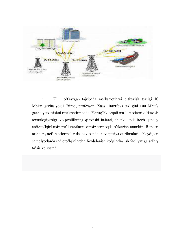 15 
 
 
 
 
1. 
U   o’tkazgan tajribada ma’lumotlarni o’tkazish tezligi 10 
Mbit/s gacha yetdi. Biroq, professor  Xaas  interfeys tezligini 100 Mbit/s 
gacha yetkazishni rejalashtirmoqda. Yorug’lik orqali ma’lumotlarni o’tkazish 
texnologiyasiga ko’pchilikning qiziqishi baland, chunki unda hech qanday 
radioto’lqinlarsiz ma’lumotlarni simsiz tarmoqda o’tkazish mumkin. Bundan 
tashqari, neft platformalarida, suv ostida, navigatsiya qurilmalari ishlaydigan 
samolyotlarda radioto’lqinlardan foydalanish ko’pincha ish faoliyatiga salbiy 
ta’sir ko’rsatadi. 
 
 
 
 
 
 
 
 
 
