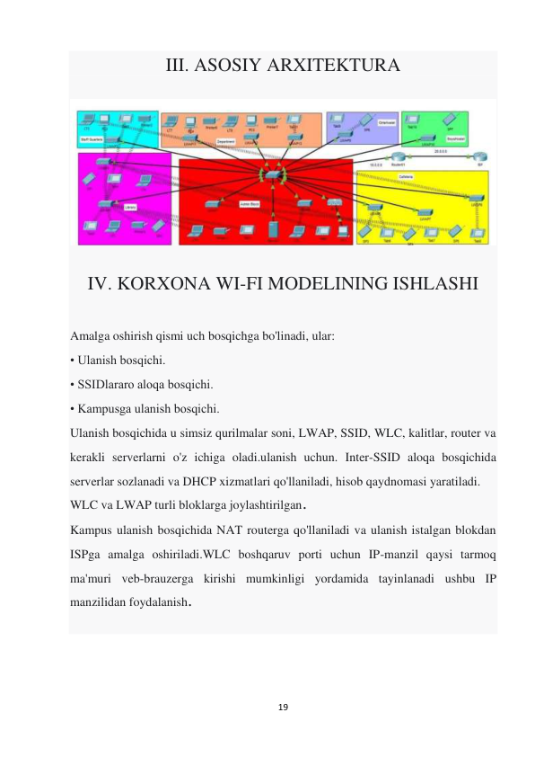 19 
 
III. ASOSIY ARXITEKTURA 
 
 
 
IV. KORXONA WI-FI MODELINING ISHLASHI 
 
Amalga oshirish qismi uch bosqichga bo'linadi, ular: 
• Ulanish bosqichi. 
• SSIDlararo aloqa bosqichi. 
• Kampusga ulanish bosqichi. 
Ulanish bosqichida u simsiz qurilmalar soni, LWAP, SSID, WLC, kalitlar, router va 
kerakli serverlarni o'z ichiga oladi.ulanish uchun. Inter-SSID aloqa bosqichida 
serverlar sozlanadi va DHCP xizmatlari qo'llaniladi, hisob qaydnomasi yaratiladi. 
WLC va LWAP turli bloklarga joylashtirilgan. 
Kampus ulanish bosqichida NAT routerga qo'llaniladi va ulanish istalgan blokdan 
ISPga amalga oshiriladi.WLC boshqaruv porti uchun IP-manzil qaysi tarmoq 
ma'muri veb-brauzerga kirishi mumkinligi yordamida tayinlanadi ushbu IP 
manzilidan foydalanish. 
