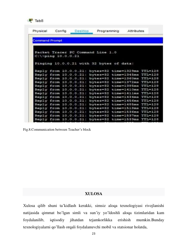 23 
 
 
Fig.8.Communication between Teacher’s block 
 
 
 
 
 
 
 
XULOSA 
                                                                                                                                                    
Xulosa qilib shuni ta’kidlash kerakki, simsiz aloqa texnologiyasi rivojlanishi 
natijasida qimmat bo’lgan simli va sun’iy yo’ldoshli aloqa tizimlaridan kam 
foydalanilib, 
iqtisodiy 
jihatdan 
tejamkorlikka 
erishish 
mumkin.Bunday 
texnologiyalarni qo’llash orqali foydalanuvchi mobil va statsionar holatda, 
