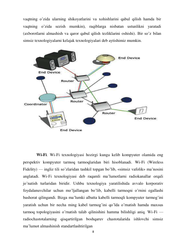 8 
 
vaqtning o’zida ularning shikoyatlarini va xohishlarini qabul qilish hamda bir 
vaqtning o’zida sezish mumkin), raqiblarga nisbatan ustunlikni yaratadi 
(axborotlarni almashish va qaror qabul qilish tezliklarini oshishi). Bir so’z bilan 
simsiz texnologiyalarni kelajak texnologiyalari deb aytishimiz mumkin.  
 
 
             Wi-Fi. Wi-Fi texnologiyasi hozirgi kunga kelib kompyuter olamida eng 
perspektiv kompyuter tarmoq tarmoqlaridan biri hisoblanadi. Wi-Fi (Wireless 
Fidelity) — ingliz tili so’zlaridan tashkil topgan bo’lib, «simsiz vafolik» ma’nosini 
anglatadi. Wi-Fi texnologiyasi deb raqamli ma’lumotlarni radiokanallar orqali 
jo’natish turlaridan biridir. Ushbu texnologiya yaratilishida avvalo korporativ 
foydalanuvchilar uchun mo’ljallangan bo’lib, kabelli tarmoqni o’rnini egallashi 
bashorat qilingandi. Bizga ma’lumki albatta kabelli tarmoqli kompyuter tarmog’ini 
yaratish uchun bir necha ming kabel tarmog’ini qo’lda o’rnatish hamda maxsus 
tarmoq topologiyasini o’rnatish talab qilinishini hamma bilishligi aniq. Wi-Fi — 
radiochastotalarning qisqartirilgan boshqaruv chastotalarida ishlovchi simsiz 
ma’lumot almashinish standartlashtirilgan 
