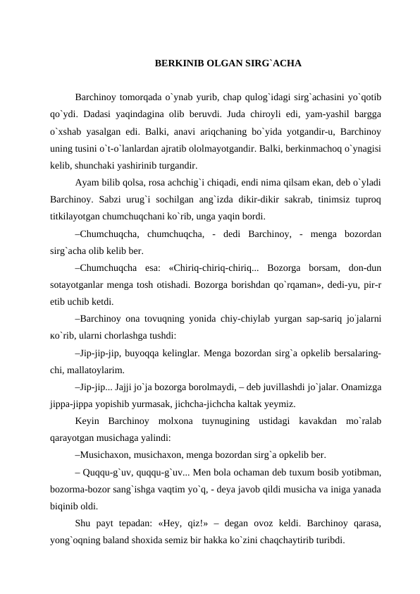 BERKINIB OLGAN SIRG`ACHA
Barchinoy tomorqada o`ynab yurib, chap qulog`idagi sirg`achasini yo`qotib
qo`ydi. Dadasi yaqindagina olib beruvdi. Juda chiroyli edi, yam-yashil bargga
o`xshab yasalgan edi. Balki, anavi ariqchaning bo`yida yotgandir-u, Barchinoy
uning tusini o`t-o`lanlardan ajratib ololmayotgandir. Balki, berkinmachoq o`ynagisi
kelib, shunchaki yashirinib turgandir.
Ayam bilib qolsa, rosa achchig`i chiqadi, endi nima qilsam ekan, deb o`yladi
Barchinoy. Sabzi  urug`i  sochilgan ang`izda dikir-dikir  sakrab,  tinimsiz tuproq
titkilayotgan chumchuqchani ko`rib, unga yaqin bordi.
–Chumchuqcha,  chumchuqcha,  -  dedi  Barchinoy,  -  menga  bozordan
sirg`aсha olib kelib ber.
–Chumchuqcha  esa:  «Chiriq-chiriq-chiriq...  Bozorga  borsam,  don-dun
sotayotganlar menga tosh otishadi. Bozorga borishdan qo`rqaman», dedi-yu, pir-r
etib uchib ketdi.
–Barchinoy ona tovuqning yonida chiy-chiylab yurgan sap-sariq joʻjalarni
кo`rib, ularni chorlashga tushdi:
–Jip-jip-jip, buyoqqa kelinglar. Menga bozordan sirg`a opkelib bersalaring-
chi, mallatoylarim.
–Jip-jip... Jajji jo`ja bozorga borolmaydi, – deb juvillashdi jo`jalar. Onamizga
jippa-jippa yopishib yurmasak, jichcha-jichcha kaltak yeymiz.
Keyin  Barchinoy  molxona  tuynugining  ustidagi  kavakdan  mo`ralab
qarayotgan musichaga yalindi:
–Musichaxon, musichaxon, menga bozordan sirg`a opkelib ber.
– Quqqu-g`uv, quqqu-g`uv... Men bola ochaman deb tuxum bosib yotibman,
bozorma-bozor sang`ishga vaqtim yo`q, - deya javob qildi musicha va iniga yanada
biqinib oldi.
Shu  payt  tepadan:  «Hey,  qiz!»  –  degan  ovoz  keldi.  Barchinoy  qarasa,
yong`oqning baland shoxida semiz bir hakka ko`zini chaqchaytirib turibdi.  
