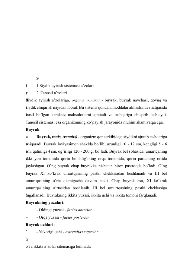  
 
 
 
 
 
 
 
S
i
y
d
i
k
 
t
a
n
o
s
i
l
 
a
’
l
 
–
o
’
q
o’ra ikkita a’zolar sitemasiga bulinadi: 
1.Siydik ayirish sistemasi a’zolari 
2. Tanosil a’zolari  
Siydik ayirish a’zolariga, organa urinaria - buyrak, buyrak naychasi, qovuq va 
siydik chiqarish nayidan iborat. Bu sistema qondan, moddalar almashinuvi natijasida 
hosil bo’lgan keraksiz mahsulotlarni ajratadi va tashqariga chiqarib tashlaydi. 
Tanosil sistemasi esa organizmning ko’payish jarayonida muhim ahamiyatga ega. 
Buyrak 
Buyrak, renis, (renalis) - organizm qon tarkibidagi siydikni ajratib tashqariga 
chiqaradi. Buyrak loviyasimon shaklda bo’lib, uzunligi 10 - 12 sm, kengligi 5 - 6 
sm, qalinligi 4 sm, og’irligi 120 - 200 gr bo’ladi. Buyrak bel sohasida, umartqaning 
ikki yon tomonida qorin bo’shlig’ining orqa tomonida, qorin pardaning ortida 
joylashgan. O’ng buyrak chap buyrakka nisbatan biroz pastroqda bo’ladi. O’ng 
buyrak XI ko’krak umurtqasining pastki chekkasidan boshlanadi va III bel 
umurtqasining oʼrta qismigacha davom etadi. Chap buyrak esa, XI koʼkrak 
umurtqasining o’rtasidan boshlanib, III bel umurtqasining pastki chekkasiga 
tugallanadi. Buyrakning ikkita yuzasi, ikkita uchi va ikkita tomoni farqlanadi.  
Buyrakning yuzalari: 
- Oldingi yuzasi - facies anterior 
- Orqa yuzasi - facies posterior 
Buyrak uchlari: 
- Yukorigi uchi - extremitas superior 

