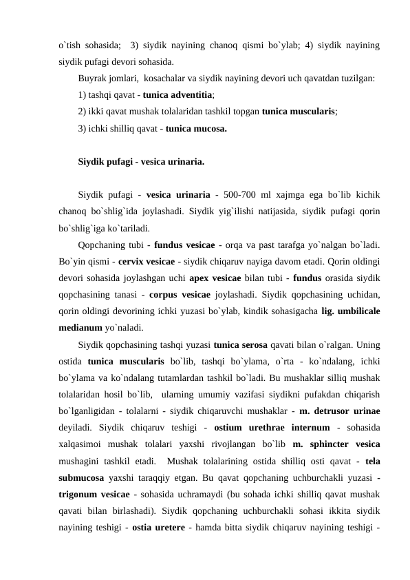 o`tish sohasida;  3) siydik nayining chanoq qismi bo`ylab; 4) siydik nayining
siydik pufagi devori sohasida. 
Buyrak jomlari,  kosachalar va siydik nayining devori uch qavatdan tuzilgan: 
1) tashqi qavat - tunica adventitia; 
2) ikki qavat mushak tolalaridan tashkil topgan tunica muscularis;  
3) ichki shilliq qavat - tunica mucosa. 
Siydik pufagi - vesica urinaria.
Siydik pufagi -  vesica urinaria - 500-700 ml xajmga ega bo`lib kichik
chanoq bo`shlig`ida joylashadi. Siydik yig`ilishi natijasida, siydik pufagi qorin
bo`shlig`iga ko`tariladi. 
Qopchaning tubi - fundus vesicae - orqa va past tarafga yo`nalgan bo`ladi.
Bo`yin qismi - cervix vesicae - siydik chiqaruv nayiga davom etadi. Qorin oldingi
devori sohasida joylashgan uchi apex vesicae bilan tubi - fundus orasida siydik
qopchasining tanasi -  corpus vesicae joylashadi. Siydik qopchasining uchidan,
qorin oldingi devorining ichki yuzasi bo`ylab, kindik sohasigacha lig. umbilicale
medianum yo`naladi. 
Siydik qopchasining tashqi yuzasi tunica serosa qavati bilan o`ralgan. Uning
ostida  tunica  muscularis bo`lib,  tashqi  bo`ylama,  o`rta  -  ko`ndalang,  ichki
bo`ylama va ko`ndalang tutamlardan tashkil bo`ladi. Bu mushaklar silliq mushak
tolalaridan hosil bo`lib,  ularning umumiy vazifasi siydikni pufakdan chiqarish
bo`lganligidan - tolalarni - siydik chiqaruvchi mushaklar -  m. detrusor urinae
deyiladi.  Siydik  chiqaruv  teshigi  -  ostium  urethrae  internum -  sohasida
xalqasimoi  mushak  tolalari  yaxshi  rivojlangan  bo`lib  m.  sphincter  vesica
mushagini  tashkil  etadi.  Mushak  tolalarining  ostida  shilliq  osti  qavat  -  tela
submucosa yaxshi taraqqiy etgan. Bu qavat qopchaning uchburchakli yuzasi  -
trigonum vesicae - sohasida uchramaydi (bu sohada ichki shilliq qavat mushak
qavati  bilan  birlashadi).  Siydik  qopchaning  uchburchakli  sohasi  ikkita  siydik
nayining teshigi - ostia uretere - hamda bitta siydik chiqaruv nayining teshigi -
