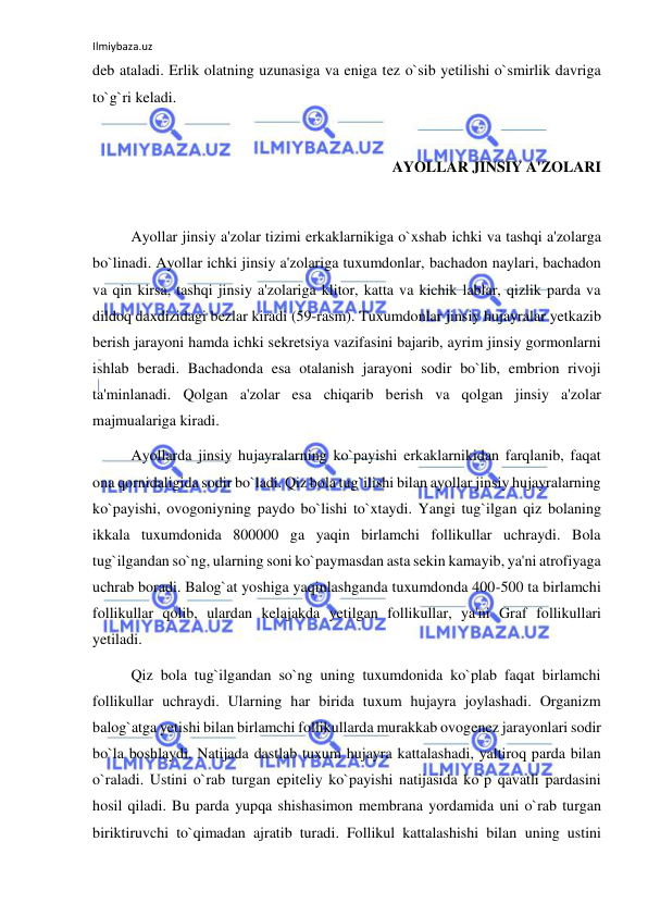 Ilmiybaza.uz 
 
deb ataladi. Erlik olatning uzunasiga va eniga tez o`sib yetilishi o`smirlik davriga 
to`g`ri keladi. 
 
AYOLLAR JINSIY A'ZOLARI 
 
 
Ayollar jinsiy a'zolar tizimi erkaklarnikiga o`xshab ichki va tashqi a'zolarga 
bo`linadi. Ayollar ichki jinsiy a'zolariga tuxumdonlar, bachadon naylari, bachadon 
va qin kirsa, tashqi jinsiy a'zolariga klitor, katta va kichik lablar, qizlik parda va 
dildoq daxdizidagi bezlar kiradi (59-rasm). Tuxumdonlar jinsiy hujayralar yetkazib 
berish jarayoni hamda ichki sekretsiya vazifasini bajarib, ayrim jinsiy gormonlarni 
ishlab beradi. Bachadonda esa otalanish jarayoni sodir bo`lib, embrion rivoji 
ta'minlanadi. Qolgan a'zolar esa chiqarib berish va qolgan jinsiy a'zolar 
majmualariga kiradi.  
 
Ayollarda jinsiy hujayralarning ko`payishi erkaklarnikidan farqlanib, faqat 
ona qornidaligida sodir bo`ladi. Qiz bola tug`ilishi bilan ayollar jinsiy hujayralarning 
ko`payishi, ovogoniyning paydo bo`lishi to`xtaydi. Yangi tug`ilgan qiz bolaning 
ikkala tuxumdonida 800000 ga yaqin birlamchi follikullar uchraydi. Bola 
tug`ilgandan so`ng, ularning soni ko`paymasdan asta sekin kamayib, ya'ni atrofiyaga 
uchrab boradi. Balog`at yoshiga yaqinlashganda tuxumdonda 400-500 ta birlamchi 
follikullar qolib, ulardan kelajakda yetilgan follikullar, ya'ni Graf follikullari 
yetiladi. 
 
Qiz bola tug`ilgandan so`ng uning tuxumdonida ko`plab faqat birlamchi 
follikullar uchraydi. Ularning har birida tuxum hujayra joylashadi. Organizm 
balog`atga yetishi bilan birlamchi follikullarda murakkab ovogenez jarayonlari sodir 
bo`la boshlaydi. Natijada dastlab tuxum hujayra kattalashadi, yaltiroq parda bilan 
o`raladi. Ustini o`rab turgan epiteliy ko`payishi natijasida ko`p qavatli pardasini 
hosil qiladi. Bu parda yupqa shishasimon membrana yordamida uni o`rab turgan 
biriktiruvchi to`qimadan ajratib turadi. Follikul kattalashishi bilan uning ustini 
