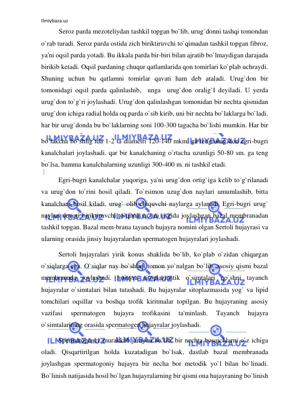 Ilmiybaza.uz 
 
 
Seroz parda mezoteliydan tashkil topgan bo`lib, urug`donni tashqi tomondan 
o`rab turadi. Seroz parda ostida zich biriktiruvchi to`qimadan tashkil topgan fibroz, 
ya'ni oqsil parda yotadi. Bu ikkala parda bir-biri bilan ajratib bo`lmaydigan darajada 
birikib ketadi. Oqsil pardaning chuqur qatlamlarida qon tomirlari ko`plab uchraydi. 
Shuning uchun bu qatlamni tomirlar qavati ham deb ataladi. Urug`don bir 
tomonidagi oqsil parda qalinlashib,  unga  urug`don oralig`I deyiladi. U yerda 
urug`don to`g`ri joylashadi. Urug`don qalinlashgan tomonidan bir nechta qismidan 
urug`don ichiga radial holda oq parda o`sib kirib, uni bir nechta bo`laklarga bo`ladi. 
har bir urug`donda bu bo`laklarning soni 100-300 tagacha bo`lishi mumkin. Har bir  
bo`lakcha bo`shlig`ida 1-2 ta diametri 120-140 mkm. ga teng urug`don egri-bugri 
kanalchalari joylashadi. qar bir kanalchaning o`rtacha uzunligi 50-80 sm. ga teng 
bo`lsa, hamma kanalchalarning uzunligi 300-400 m. ni tashkil etadi.  
Egri-bugri kanalchalar yuqoriga, ya'ni urug`don ortig`iga kelib to`g`rilanadi 
va urug`don to`rini hosil qiladi. To`rsimon uzug`don naylari umumlashib, bitta 
kanalchani hosil kiladi, urug` olib chiquvchi naylarga aylanadi. Egri-bugri urug` 
naylari devori biriktiruvchi to`qima va uni osgida joylashgan bazal membranadan 
tashkil topgan. Bazal mem-brana tayanch hujayra nomini olgan Sertoli hujayrasi va 
ularning orasida jinsiy hujayralardan spermatogen hujayralari joylashadi.  
 
Sertoli hujayralari yirik konus shaklida bo`lib, ko`plab o`zidan chiqargan 
o`siqlarga ega. O`siqlar nay bo`shliqi tomon yo`nalgan bo`lib, asosiy qismi bazal 
membranada joylashadi. hujayra sitoplazmatik o`simtalari qo`shni tayanch 
hujayralar o`simtalari bilan tutashadi. Bu hujayralar sitoplazmasida yog` va lipid 
tomchilari oqsillar va boshqa trofik kiritmalar topilgan. Bu hujayraning asosiy 
vazifasi 
spermatogen 
hujayra 
trofikasini 
ta'minlash. 
Tayanch 
hujayra 
o`simtalarining orasida spermatogen hujayralar joylashadi.  
 
Spermatogenez murakkab jarayon bo`lib, bir nechta bosqichlarni o`z ichiga 
oladi. Qisqartirilgan holda kuzatadigan bo`lsak, dastlab bazal membranada 
joylashgan spermatogoniy hujayra bir necha bor metodik yo`l bilan bo`linadi. 
Bo`linish natijasida hosil bo`lgan hujayralarning bir qismi ona hujayraning bo`linish 
