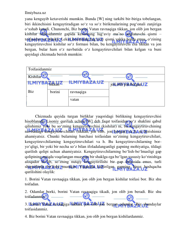 Ilmiybaza.uz 
 
yana kengayib ketaverishi mumkin. Bunda [W] ning tarkibi bir-biriga tobelangan, 
biri ikkinchisini kengaytiradigan so‘z va so‘z birikmalarining pog‘onali zanjiriga 
o‘xshab ketadi. Chunonchi, Biz borini Vatan ravnaqiga tikkan, jon olib jon bergan 
kishilar toifasidanmiz gapida kesimning lug‘aviy ma’no anglatuvchi qismi – 
toifasidan so‘zshakli. Lekin kesimning lug‘aviy qismi yakka holda emas, o‘zining 
kengaytiruvchisi kishilar so‘z formasi bilan, bu kengaytiruvchi esa tikkan va jon 
bergan, bular ham o‘z navbatida o‘z kengaytiruvchilari bilan kelgan va buni 
quyidagi chizmada berish mumkin: 
 
 
 
 
 
Toifasidanmiz 
Kishilar 
 
Biz 
tikkan 
jon olib jon bergan 
 borini 
ravnaqiga 
vatan 
 
Chizmada quyida turgan birliklar yuqoridagi birlikning kengaytiruvchisi 
hisoblanadi. Lisoniy qurilish uchun [W] deb faqat toifasidan so‘z shaklini qabul 
qilishimiz yoki bu so‘zning kengaytiruvchisi (kishilar) ni, bu kengaytiruvchining 
navbatdagi kengaytiruvchilari (tikkan, jon olib, jon bergan) va h. ni berishimiz 
ahamiyatsiz. Chunki bularning barchasi toifasidan so‘zining kengaytiruvchilari, 
kengaytiruvchilarning kengaytiruvchilari va h. Bu kengaytiruvchilarning bor-
yo‘qligi, bir yoki bir necha so‘z bilan ifoladalanganligi gapning mohiyatiga, tildagi 
qurilish qolipi uchun ahamiyatsiz. Kengaytiruvchilarning bo‘lish-bo‘lmasligi gap 
qolipining nutqda voqelangan muayyan bir shaklga ega bo‘lgan xususiy ko‘rinishiga 
aloqador bo‘lib, so‘zning nutqiy kengaytirilishi bir gap doirasida emas, turli 
sharoitlarda bo‘lishi mumkin. Yuqorida keltirilgan gapning biroz boshqacha 
qurilishini olaylik: 
1. Borini Vatan ravnaqiga tikkan, jon olib jon bergan kishilar toifasi bor. Biz shu 
toifadan. 
2. Odamlar borki, borini Vatan ravnaqiga tikadi, jon olib jon beradi. Biz shu 
toifadanmiz. 
3. Jonini Vatan ravnaqiga tikkan, jon olib jon bergan odamlar. Biz shundaylar 
toifasidanmiz. 
4. Biz borini Vatan ravnaqiga tikkan, jon olib jon bergan kishilardanmiz. 
