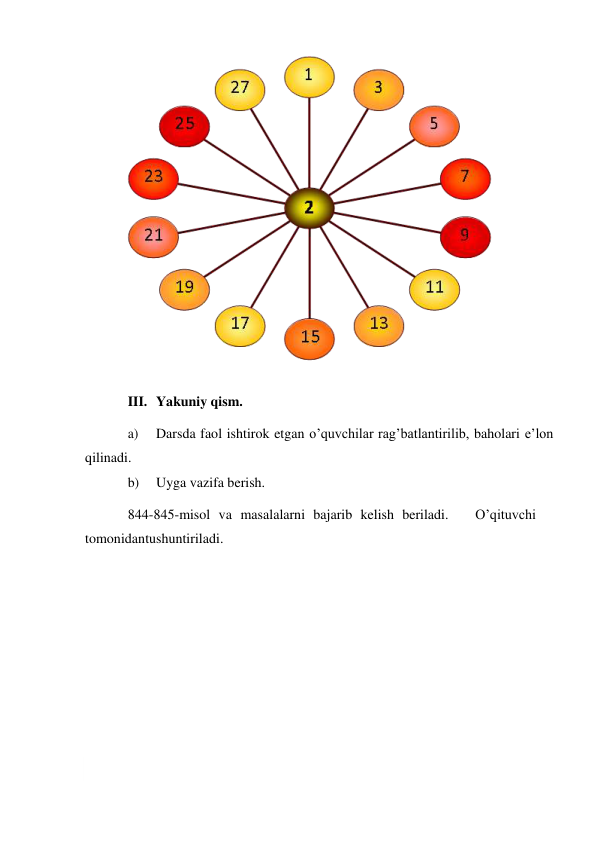  
 
 
III. Yakuniy qism. 
a) 
Darsda faol ishtirok etgan o’quvchilar rag’batlantirilib, baholari e’lon 
qilinadi. 
b) 
Uyga vazifa berish. 
844-845-misol va masalalarni bajarib kelish beriladi. 
O’qituvchi 
tomonidan tushuntiriladi. 
 
 
 
 
