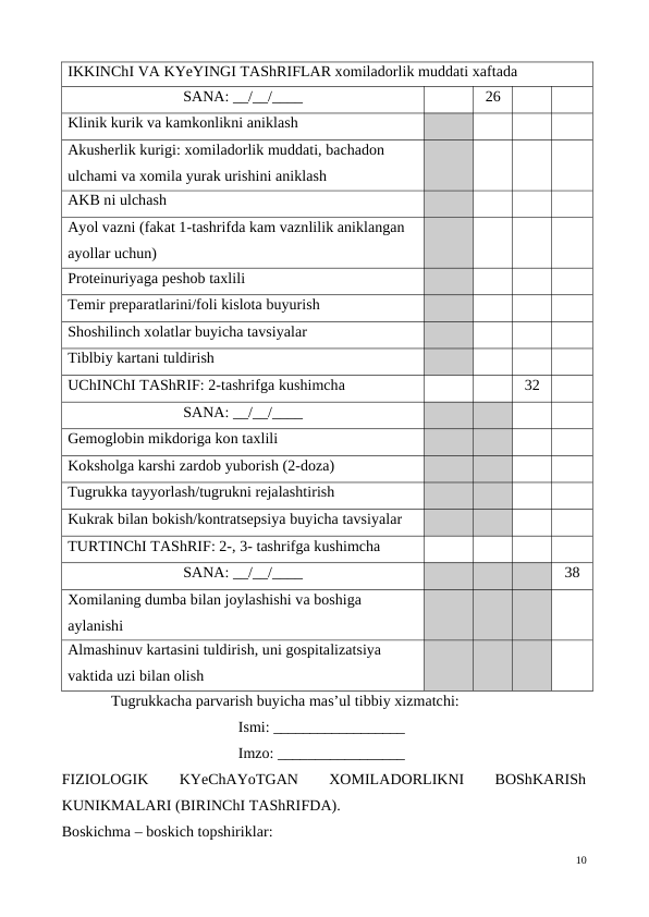 IKKINChI VA KYeYINGI TAShRIFLAR xomiladorlik muddati xaftada
SANA: __/__/____
26
Klinik kurik va kamkonlikni aniklash
Akusherlik kurigi: xomiladorlik muddati, bachadon 
ulchami va xomila yurak urishini aniklash
AKB ni ulchash
Ayol vazni (fakat 1-tashrifda kam vaznlilik aniklangan 
ayollar uchun)
Proteinuriyaga peshob taxlili 
Temir preparatlarini/foli kislota buyurish
Shoshilinch xolatlar buyicha tavsiyalar
Tiblbiy kartani tuldirish
UChINChI TAShRIF: 2-tashrifga kushimcha
32
SANA: __/__/____
Gemoglobin mikdoriga kon taxlili
Koksholga karshi zardob yuborish (2-doza)
Tugrukka tayyorlash/tugrukni rejalashtirish
Kukrak bilan bokish/kontratsepsiya buyicha tavsiyalar 
TURTINChI TAShRIF: 2-, 3- tashrifga kushimcha
SANA: __/__/____
38
Xomilaning dumba bilan joylashishi va boshiga 
aylanishi
Almashinuv kartasini tuldirish, uni gospitalizatsiya 
vaktida uzi bilan olish
Tugrukkacha parvarish buyicha mas’ul tibbiy xizmatchi:
Ismi: __________________
Imzo: _________________
FIZIOLOGIK
 
KYeChAYoTGAN
 
XOMILADORLIKNI
 
BOShKARISh
KUNIKMALARI (BIRINChI TAShRIFDA). 
Boskichma – boskich topshiriklar:
10
