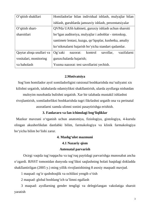 O’qitish shakllari
Homiladorlar bilan individual ishlash,  mulyajlar bilan
ishlash, guruhlarda jamoaviy ishlash, prezentatsiyalar
O’qitish shart- 
sharoitlari
QVPda UASh kabineti, guruxiy ishlash uchun sharoiti 
bo‘lgan auditoriya, mulyajlar i asboblar - stetoskop, 
santimetr lentasi, kuzgu, qo‘lqoplar, kushetka, amaliy 
ko‘nikmalarni bajarish bo‘yicha standart qadamlar.
Qaytar aloqa usullari va
vositalari, monitoring 
va baholash 
Og‘zaki  nazorat:  kontrol 
savollar,
 vazifalarni
guruxchalarda bajarish;
Yozma nazorat: test savollarini yechish.
2.Motivatsiya 
Sog‘lom homilador ayol xomiladorligini ratsional boshkarishda ma’suliyatni xis
kilishni urgatish, talabalarda odamiylikni shakllantirish, ularda ayollarga nisbatdan
muloyim nusobatda bulishni urgatish. Xar bir talabada mustakil ishlashni
rivojlantirish, xomiladorlikni boshkarishda tugri fikrlashni urgatib ona va perinatal
asoratlarni xamda ulimni sonini pasaytirishga erishish. 
3. Fanlararo va fan ichimdagi bog‘liqliklar
 Mazkur mavzuni o‘rganish uchun anatomiya, fiziologiya, gistologiya, 4-kursda
olingan  akusherlikdan  dastlabki  bilim,  farmakologiya  va  klinik  farmakologiya
bo‘yicha bilim bo‘lishi zarur.
4. Mashg‘ulot mazmuni
4.1 Nazariy qism
Antenatal parvarish
Oxirgi vaqtda tug‘ruqqacha va tug‘ruq paytidagi parvarishga munosabat ancha
o‘zgardi. BJSST tomonidan dunyoda sog‘likni saqlashning holati haqidagi dokladda
shakllantirilgan (2005 y.) ming yillik rivojlanishining 8 asosiy maqsadi mavjud.
1 maqsad: og‘ir qashshoqlik va ochlikni yengib o‘tish
2 maqsad: global boshlang‘ich ta’limni egallash
3  maqsad:  ayollarning  gender  tengligi  va  delegirlangan  vakolatiga  sharoit
yaratish
3
