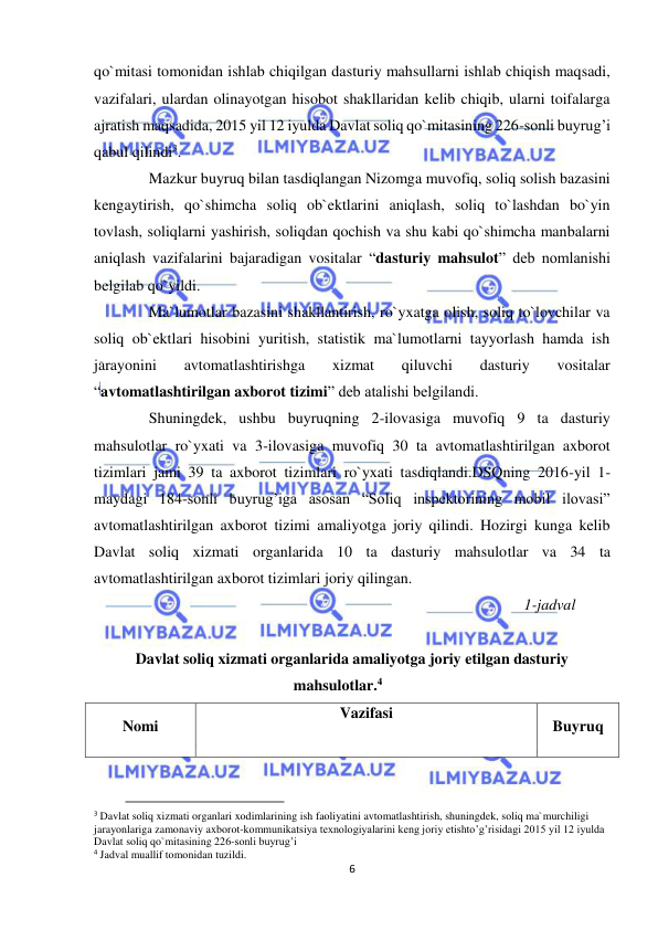  
6 
 
qo`mitasi tomonidan ishlab chiqilgan dasturiy mahsullarni ishlab chiqish maqsadi, 
vazifalari, ulardan olinayotgan hisobot shakllaridan kelib chiqib, ularni toifalarga 
ajratish maqsadida, 2015 yil 12 iyulda Davlat soliq qo`mitasining 226-sonli buyrug’i 
qabul qilindi3. 
Mazkur buyruq bilan tasdiqlangan Nizomga muvofiq, soliq solish bazasini 
kengaytirish, qo`shimcha soliq ob`ektlarini aniqlash, soliq to`lashdan bo`yin 
tovlash, soliqlarni yashirish, soliqdan qochish va shu kabi qo`shimcha manbalarni 
aniqlash vazifalarini bajaradigan vositalar “dasturiy mahsulot” deb nomlanishi 
belgilab qo`yildi. 
Ma`lumotlar bazasini shakllantirish, ro`yxatga olish, soliq to`lovchilar va 
soliq ob`ektlari hisobini yuritish, statistik ma`lumotlarni tayyorlash hamda ish 
jarayonini 
avtomatlashtirishga 
xizmat 
qiluvchi 
dasturiy 
vositalar 
“avtomatlashtirilgan axborot tizimi” deb atalishi belgilandi. 
Shuningdek, ushbu buyruqning 2-ilovasiga muvofiq 9 ta dasturiy 
mahsulotlar ro`yxati va 3-ilovasiga muvofiq 30 ta avtomatlashtirilgan axborot 
tizimlari jami 39 ta axborot tizimlari ro`yxati tasdiqlandi.DSQning 2016-yil 1-
maydagi 184-sonli buyrug’iga asosan “Soliq inspektorining mobil ilovasi” 
avtomatlashtirilgan axborot tizimi amaliyotga joriy qilindi. Hozirgi kunga kelib 
Davlat soliq xizmati organlarida 10 ta dasturiy mahsulotlar va 34 ta 
avtomatlashtirilgan axborot tizimlari joriy qilingan. 
 
 
 
 
 
 
 
 
 
 
1-jadval 
 
Davlat soliq xizmati organlarida amaliyotga joriy etilgan dasturiy 
mahsulotlar.4 
 
Nomi 
Vazifasi 
 
Buyruq 
                                           
3 Davlat soliq xizmati organlari xodimlarining ish faoliyatini avtomatlashtirish, shuningdek, soliq ma`murchiligi 
jarayonlariga zamonaviy axborot-kommunikatsiya texnologiyalarini keng joriy etishto’g’risidagi 2015 yil 12 iyulda 
Davlat soliq qo`mitasining 226-sonli buyrug’i 
4 Jadval muallif tomonidan tuzildi. 
