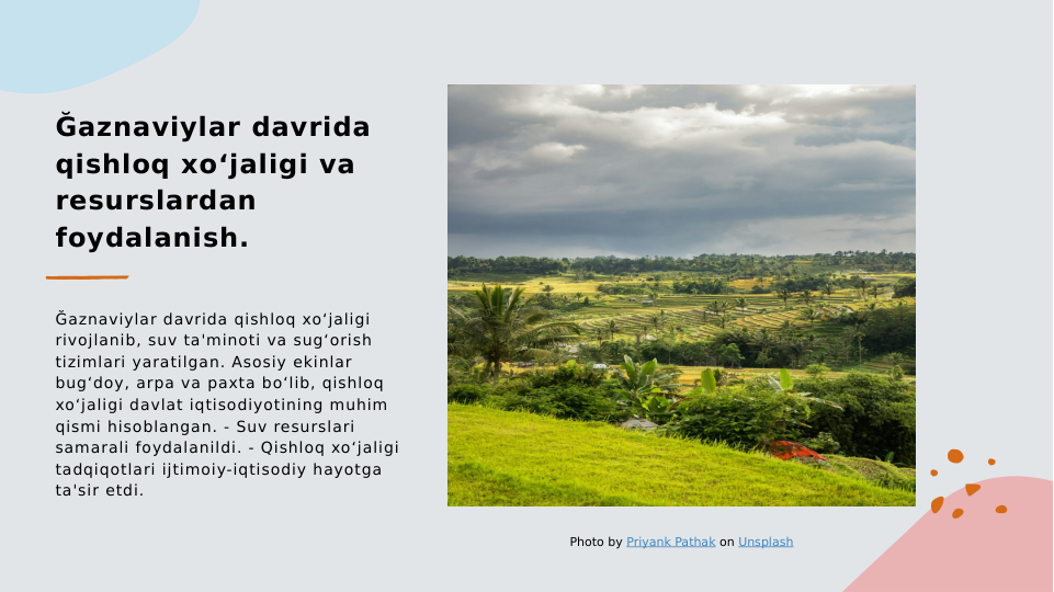 Ğaznaviylar davrida 
qishloq xo‘jaligi va 
resurslardan 
foydalanish.
Ğaznaviylar davrida qishloq xo‘jaligi 
rivojlanib, suv ta'minoti va sug‘orish 
tizimlari yaratilgan. Asosiy ekinlar 
bug‘doy, arpa va paxta bo‘lib, qishloq 
xo‘jaligi davlat iqtisodiyotining muhim 
qismi hisoblangan. - Suv resurslari 
samarali foydalanildi. - Qishloq xo‘jaligi 
tadqiqotlari ijtimoiy-iqtisodiy hayotga 
ta'sir etdi.
Photo by Priyank Pathak on Unsplash
