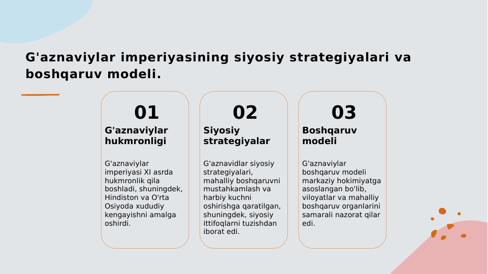 G'aznaviylar imperiyasining siyosiy strategiyalari va 
boshqaruv modeli.
01
G'aznaviylar 
hukmronligi
G'aznaviylar 
imperiyasi XI asrda 
hukmronlik qila 
boshladi, shuningdek, 
Hindiston va O'rta 
Osiyoda xududiy 
kengayishni amalga 
oshirdi.
02
Siyosiy 
strategiyalar
G'aznavidlar siyosiy 
strategiyalari, 
mahalliy boshqaruvni 
mustahkamlash va 
harbiy kuchni 
oshirishga qaratilgan, 
shuningdek, siyosiy 
ittifoqlarni tuzishdan 
iborat edi.
03
Boshqaruv 
modeli
G'aznaviylar 
boshqaruv modeli 
markaziy hokimiyatga 
asoslangan bo'lib, 
viloyatlar va mahalliy 
boshqaruv organlarini 
samarali nazorat qilar 
edi.

