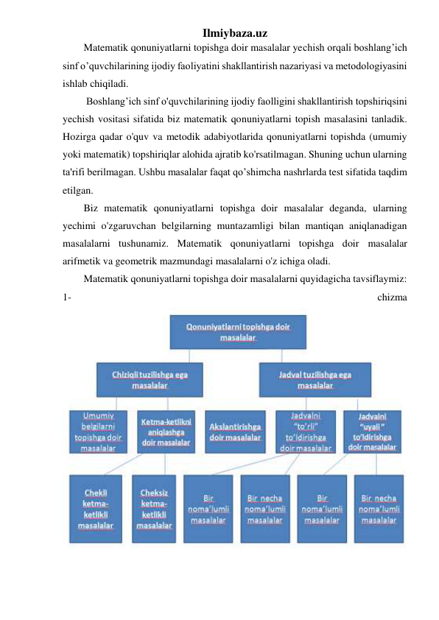 Ilmiybaza.uz 
Matematik qonuniyatlarni topishga doir masalalar yechish orqali boshlang’ich 
sinf o’quvchilarining ijodiy faoliyatini shakllantirish nazariyasi va metodologiyasini 
ishlab chiqiladi. 
 Boshlang’ich sinf o'quvchilarining ijodiy faolligini shakllantirish topshiriqsini 
yechish vositasi sifatida biz matematik qonuniyatlarni topish masalasini tanladik. 
Hozirga qadar o'quv va metodik adabiyotlarida qonuniyatlarni topishda (umumiy 
yoki matematik) topshiriqlar alohida ajratib ko'rsatilmagan. Shuning uchun ularning 
ta'rifi berilmagan. Ushbu masalalar faqat qo’shimcha nashrlarda test sifatida taqdim 
etilgan. 
Biz matematik qonuniyatlarni topishga doir masalalar deganda, ularning 
yechimi o'zgaruvchan belgilarning muntazamligi bilan mantiqan aniqlanadigan 
masalalarni tushunamiz. Matematik qonuniyatlarni topishga doir masalalar 
arifmetik va geometrik mazmundagi masalalarni o'z ichiga oladi. 
Matematik qonuniyatlarni topishga doir masalalarni quyidagicha tavsiflaymiz: 
1- 
chizma
 
