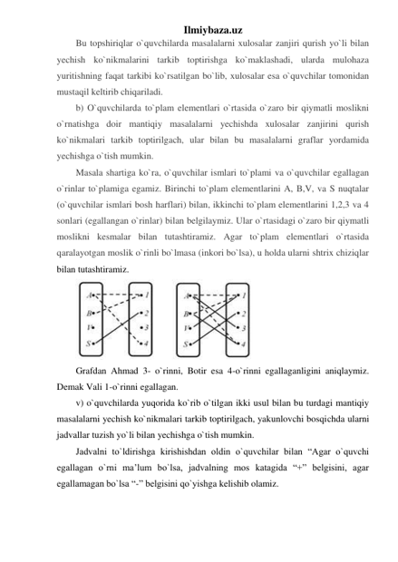 Ilmiybaza.uz 
Bu topshiriqlar o`quvchilarda masalalarni xulosalar zanjiri qurish yo`li bilan 
yechish ko`nikmalarini tarkib toptirishga ko`maklashadi, ularda mulohaza 
yuritishning faqat tarkibi ko`rsatilgan bo`lib, xulosalar esa o`quvchilar tomonidan 
mustaqil keltirib chiqariladi. 
b) O`quvchilarda to`plam elementlari o`rtasida o`zaro bir qiymatli moslikni 
o`rnatishga doir mantiqiy masalalarni yechishda xulosalar zanjirini qurish 
ko`nikmalari tarkib toptirilgach, ular bilan bu masalalarni graflar yordamida 
yechishga o`tish mumkin. 
Masala shartiga ko`ra, o`quvchilar ismlari to`plami va o`quvchilar egallagan 
o`rinlar to`plamiga egamiz. Birinchi to`plam elementlarini A, B,V, va S nuqtalar 
(o`quvchilar ismlari bosh harflari) bilan, ikkinchi to`plam elementlarini 1,2,3 va 4 
sonlari (egallangan o`rinlar) bilan belgilaymiz. Ular o`rtasidagi o`zaro bir qiymatli 
moslikni kesmalar bilan tutashtiramiz. Agar to`plam elementlari o`rtasida 
qaralayotgan moslik o`rinli bo`lmasa (inkori bo`lsa), u holda ularni shtrix chiziqlar 
bilan tutashtiramiz.  
 
Grafdan Ahmad 3- o`rinni, Botir esa 4-o`rinni egallaganligini aniqlaymiz. 
Demak Vali 1-o`rinni egallagan.  
v) o`quvchilarda yuqorida ko`rib o`tilgan ikki usul bilan bu turdagi mantiqiy 
masalalarni yechish ko`nikmalari tarkib toptirilgach, yakunlovchi bosqichda ularni 
jadvallar tuzish yo`li bilan yechishga o`tish mumkin.  
Jadvalni to`ldirishga kirishishdan oldin o`quvchilar bilan “Agar o`quvchi 
egallagan o`rni ma’lum bo`lsa, jadvalning mos katagida “+” belgisini, agar 
egallamagan bo`lsa “-” belgisini qo`yishga kelishib olamiz.  
