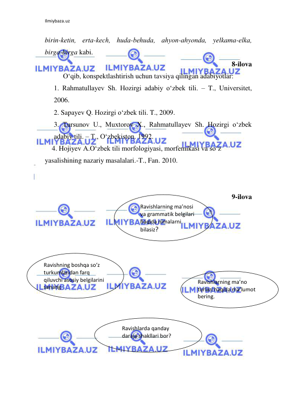 Ilmiybaza.uz 
 
birin-kеtin, erta-kеch, huda-bеhuda, ahyon-ahyonda, yelkama-еlka, 
birga-birga kabi.     
8-ilova 
O‘qib, konspektlashtirish uchun tavsiya qilingan adabiyotlar: 
1. Rahmatullayev Sh. Hozirgi adabiy o‘zbek tili. – T., Universitet, 
2006. 
2. Sapayev Q. Hozirgi o‘zbek tili. T., 2009. 
3. Tursunov U., Muxtorov X., Rahmatullayev Sh. Hozirgi o‘zbek 
adabiy tili. – T., O‘zbekiston. 1992. 
4. Hojiyev A.O‘zbek tili morfologiyasi, morfemikasi va so‘z 
yasalishining nazariy masalalari.-T., Fan. 2010. 
 
 
9-ilova 
 
 
 
 
 
 
 
 
 
 
 
 
 
 
 
Ravishlarning ma’nosi 
va grammatik belgilari 
haqida nimalarni 
bilasiz? 
 
Ravishlarning ma’no 
turlari haqida ma’lumot 
bering. 
Ravishlarda qanday 
daraja shakllari bor? 
 
Ravishning boshqa so‘z 
turkumlaridan farq 
qiluvchi asosiy belgilarini 
sanang 
