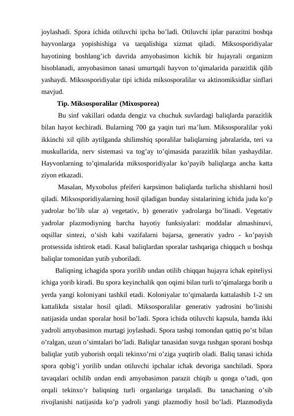 joylashadi. Spora ichida otiluvchi ipcha bo’ladi. Otiluvchi iplar parazitni boshqa
hayvonlarga  yopishishiga  va  tarqalishiga  xizmat  qiladi.  Miksosporidiyalar
hayotining  boshlang’ich  davrida  amyobasimon  kichik  bir  hujayrali  organizm
hisoblanadi, amyobasimon tanasi umurtqali hayvon to’qimalarida parazitlik qilib
yashaydi. Miksosporidiyalar tipi ichida miksosporalilar va aktinomiksidlar sinflari
mavjud. 
 Tip. Miksosporalilar (Mixosporea) 
 Bu sinf vakillari odatda dengiz va chuchuk suvlardagi baliqlarda parazitlik
bilan hayot kechiradi. Bularning 700 ga yaqin turi ma’lum. Miksosporalilar yoki
ikkinchi xil qilib aytilganda shilimshiq sporalilar baliqlarning jabralarida, teri va
muskullarida, nerv sistemasi va tog’ay to’qimasida parazitlik bilan yashaydilar.
Hayvonlarning to’qimalarida miksosporidiyalar ko’payib baliqlarga ancha katta
ziyon etkazadi.
 Masalan, Myxobolus pfeiferi karpsimon baliqlarda turlicha shishlarni hosil
qiladi. Miksosporidiyalarning hosil qiladigan bunday sistalarining ichida juda ko’p
yadrolar  bo’lib ular  a)  vegetativ, b)  generativ yadrolarga bo’linadi. Vegetativ
yadrolar  plazmodiyning  barcha  hayotiy  funksiyalari:  moddalar  almashinuvi,
oqsillar  sintezi,  o’sish  kabi  vazifalarni  bajarsa,  generativ  yadro  -  ko’payish
protsessida ishtirok etadi. Kasal baliqlardan sporalar tashqariga chiqqach u boshqa
baliqlar tomonidan yutib yuboriladi. 
Baliqning ichagida spora yorilib undan otilib chiqqan hujayra ichak epiteliysi
ichiga yorib kiradi. Bu spora keyinchalik qon oqimi bilan turli to’qimalarga borib u
yerda yangi koloniyani tashkil etadi. Koloniyalar to’qimalarda kattalashib 1-2 sm
kattalikda  sistalar  hosil  qiladi.  Miksosporalilar  generativ  yadrosini  bo’linishi
natijasida undan sporalar hosil bo’ladi. Spora ichida otiluvchi kapsula, hamda ikki
yadroli amyobasimon murtagi joylashadi. Spora tashqi tomondan qattiq po’st bilan
o’ralgan, uzun o’simtalari bo’ladi. Baliqlar tanasidan suvga tushgan sporani boshqa
baliqlar yutib yuborish orqali tekinxo’rni o’ziga yuqtirib oladi. Baliq tanasi ichida
spora qobig’i yorilib undan otiluvchi ipchalar ichak devoriga sanchiladi. Spora
tavaqalari ochilib undan endi amyobasimon parazit chiqib u qonga o’tadi, qon
orqali  tekinxo’r  baliqning  turli  organlariga  tarqaladi.  Bu  tanachaning  o’sib
rivojlanishi natijasida ko’p yadroli yangi plazmodiy hosil bo’ladi. Plazmodiyda

