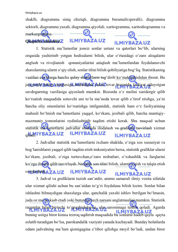 Ilmiybaza.uz 
 
shaklli, diagramma siniq chiziqli, diagramma buramali(speralli), diagramma 
sektorli, diagramma yuzali, diagramma qiyofali, xaritogramma, xaritodiogramma va 
markazgramma. 
Qisqacha xulosalar. 
1. Statistik ma’lumotlar jonsiz sonlar ustuni va qatorlari bo‘lib, ularning 
orqasida yashirinib yotgan hodisalarni bilish, ular o‘rtasidagi o‘zaro aloqalarni 
anglash va rivojlanish  qonuniyatlarini aniqlash ma’lumotlardan foydalanuvchi 
shaxslarning ularni o‘qiy olish, sonlar tilini bilish qobiliyatiga bog‘liq. Statistikaning 
vazifasi esa ularga barcha qulay sharoitlarni tug‘dirib ko‘maklashishdan iborat. Bu 
jarayonda uning zimmasiga tushadigan yukni tovar bozorida faoliyat qilayotgan 
savdogarning vazifasiga qiyoslash mumkin. Bozorda o‘z molini xaridorgir qilib 
ko‘rsatish maqsadida sotuvchi uni to‘la ma’noda tovar qilib e’tirof etishga, ya’ni 
barcha oliy omonlarini ko‘rsatishga intilganidek, statistik ham o‘z faoliyatining 
mahsuli bo‘lmish ma’lumotlarni yaqqol, ko‘rkam, jozibali qilib, barcha mantiqiy-
mazmuniy tomonlarini oydinlashtirib taqdim etishi kerak. Shu maqsad uchun 
statistik ma’lumotlarni jadvallar shaklida ifodalash va grafikda tasvirlash xizmat 
qiladi. 
2.  Jadvallar statistik ma’lumotlarni ixcham shaklda, o‘ziga xos xususiyat va 
bog‘lanishlarni yaqqol qilib taqdim etish imkoniyatini bersa, statistik grafiklar ularni 
ko‘rkam, jozibali, o‘ziga tortuvchan,o‘zaro nisbatlari, o‘xshashlik va farqlarini 
ko‘zga ilinarli qilib tasvirlaydi. Natijada son tilini bilish, ularni o‘qish va talqin etish 
osonlashadi. 
3.  Jadval va grafiklarni tuzish san’atdir, ammo samarali ilmiy vosita sifatida 
ular xizmat qilishi uchun bu san’atdan to‘g‘ri foydalana bilish lozim. Sonlar bilan 
ishlashni bilmaydigan shaxslarga ular, qanchalik yaxshi ishlov berilgan bo‘lmasin, 
juda oz ma’no kasb etadi yoki butunlay hech narsani anglatmasligi mumkin. Statistik 
raqamlar bilan birinchi to‘qnashishdayoq, ular sarosimaga tushib qoladi. Agarda 
buning ustiga biror kimsa tezroq uqdirish maqsadida bu sonlarni hadeb qayta -qayta 
eslatib turadigan bo‘lsa, parokandalik vaziyati yanada kuchayadi. Bunday holatlarda 
odam jadvalning ma’lum qismigagina e’tibor qilishga moyil bo‘ladi, undan biror 
