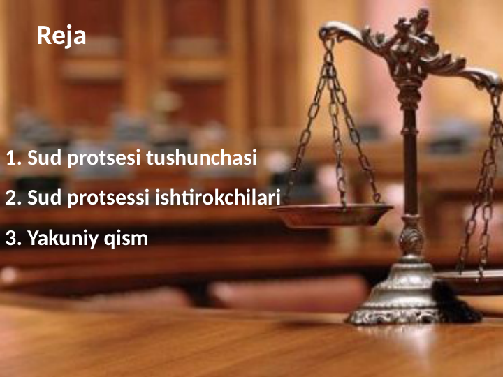 Reja
1. Sud protsesi tushunchasi 
2. Sud protsessi ishtirokchilari
3. Yakuniy qism
