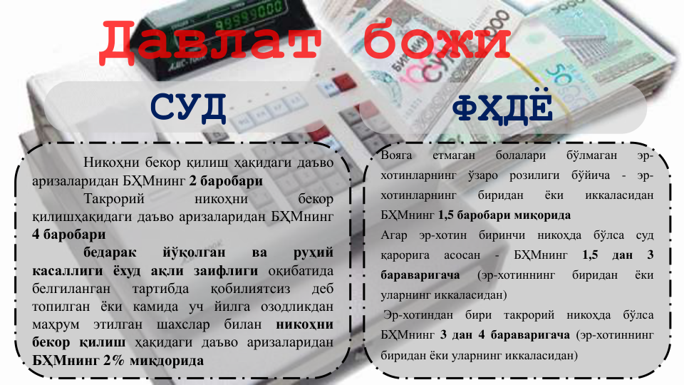 Никоҳни бекор қилиш ҳақидаги даъво
аризаларидан БҲМнинг 2 баробари
Такрорий
никоҳни
бекор
қилишҳақидаги даъво аризаларидан БҲМнинг
4 баробари
бедарак
йўқолган
ва
руҳий
касаллиги ёхуд ақли заифлиги оқибатида
белгиланган
тартибда
қобилиятсиз
деб
топилган ёки камида уч йилга озодликдан
маҳрум
этилган
шахслар
билан
никоҳни
бекор қилиш ҳақидаги даъво аризаларидан
БҲМнинг 2% миқдорида
Вояга
етмаган
болалари
бўлмаган
эр-
хотинларнинг
ўзаро
розилиги
бўйича
-
эр-
хотинларнинг
биридан
ёки
иккаласидан
БҲМнинг 1,5 баробари миқорида
Агар
эр-хотин
биринчи
никоҳда
бўлса
суд
қарорига
асосан
-
БҲМнинг
1,5
дан
3
бараваригача
(эр-хотиннинг
биридан
ёки
уларнинг иккаласидан)
Эр-хотиндан
бири
такрорий
никоҳда
бўлса
БҲМнинг 3 дан 4 бараваригача (эр-хотиннинг
биридан ёки уларнинг иккаласидан)
СУД
ФҲДЁ
